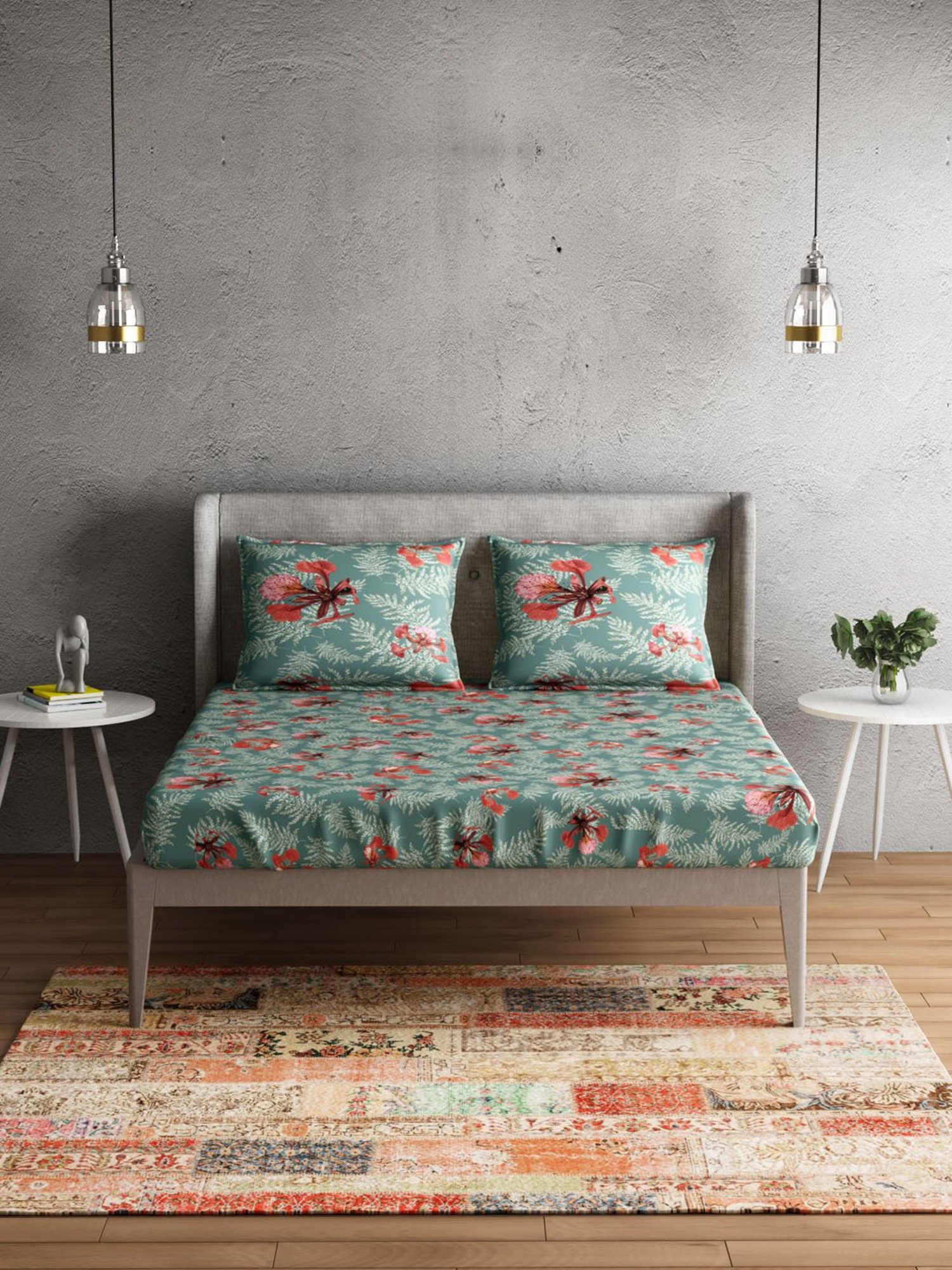 Petal Home Poinciana Floral Teal Green 300 TC Cotton Queen Size Bed Sheet with 2 Pillow Covers