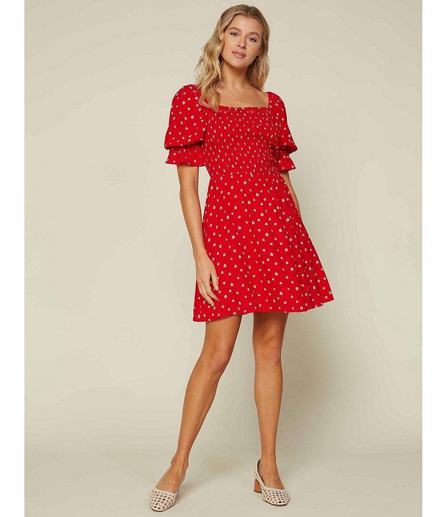 Skies Are Blue Floral Print Square Neck Short Sleeve Smocked Mini Dress