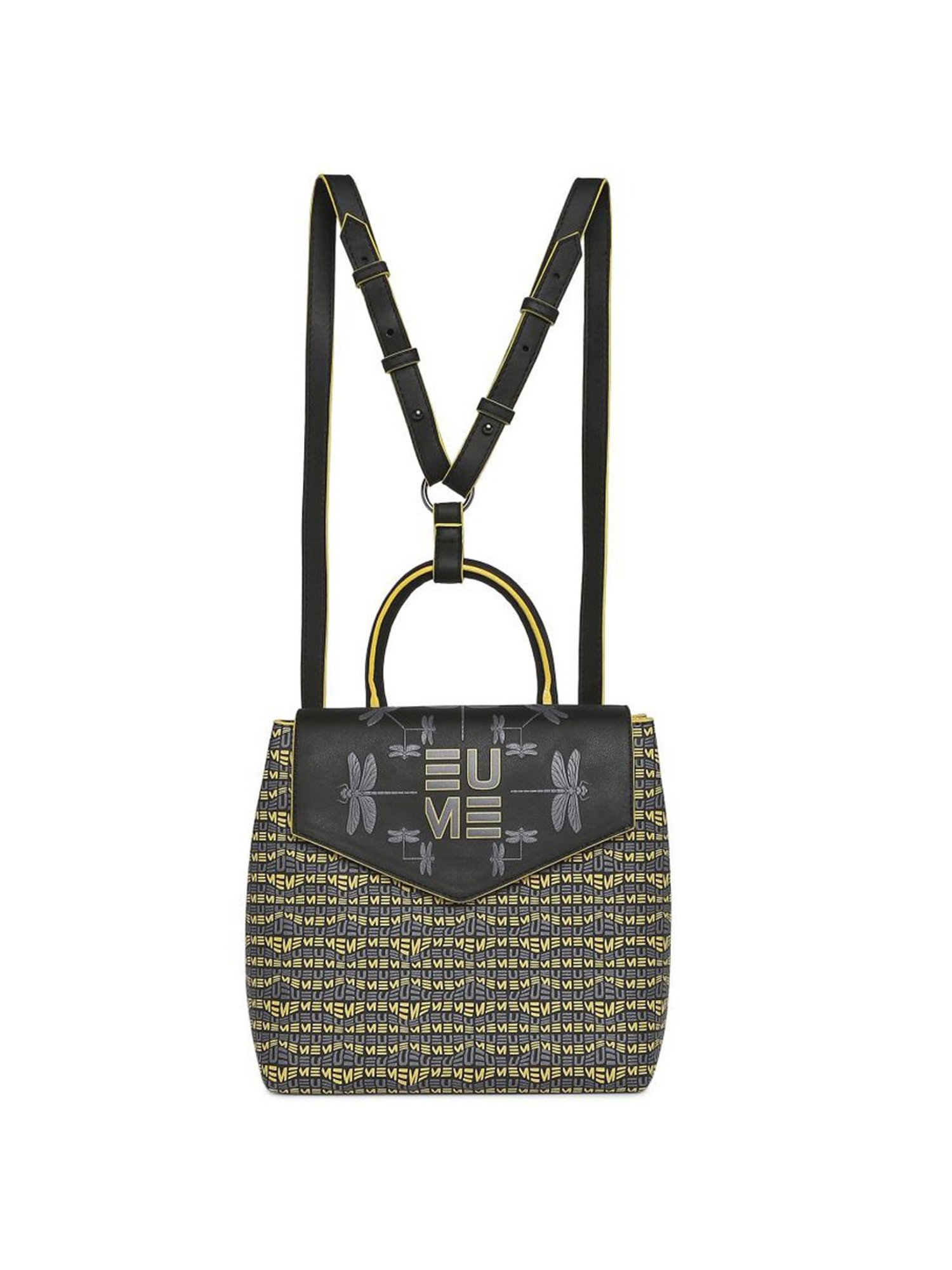 Eume Dragonfly Black Leather Printed Convertible Backpack