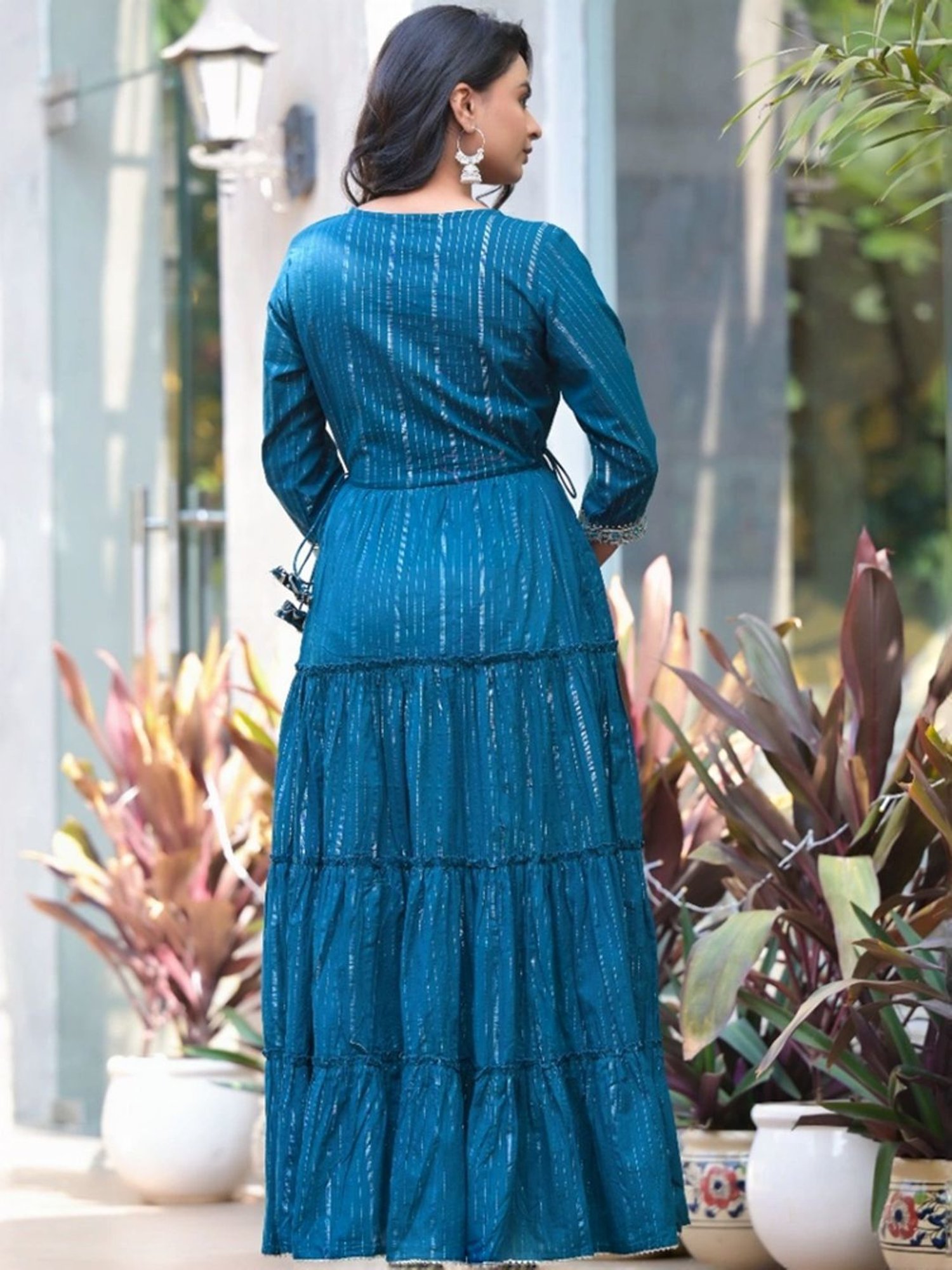 Varanga Teal Blue Cotton Embroidered Maxi Dress
