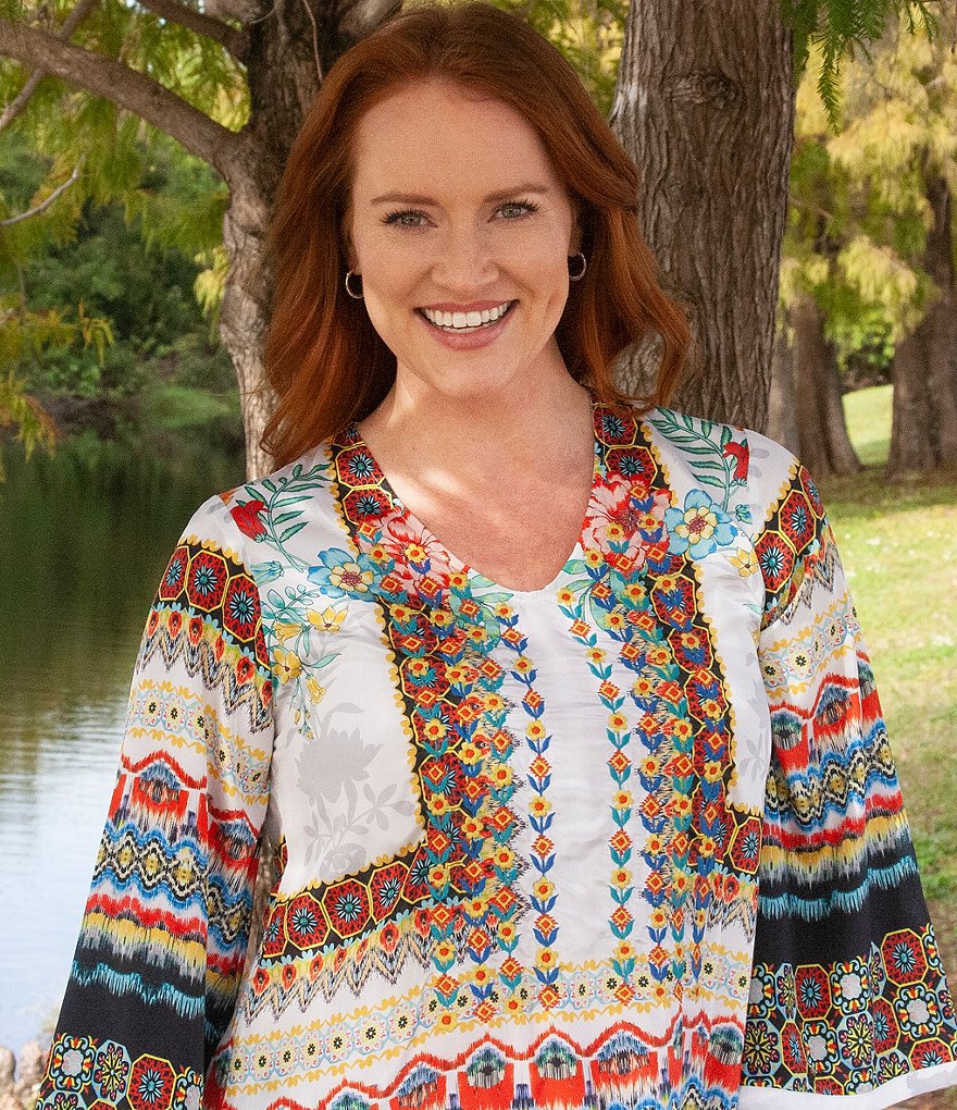 Karyn Seo Aida Vintage-Inspired 3/4 Sleeve Embroidery Printed Box Top