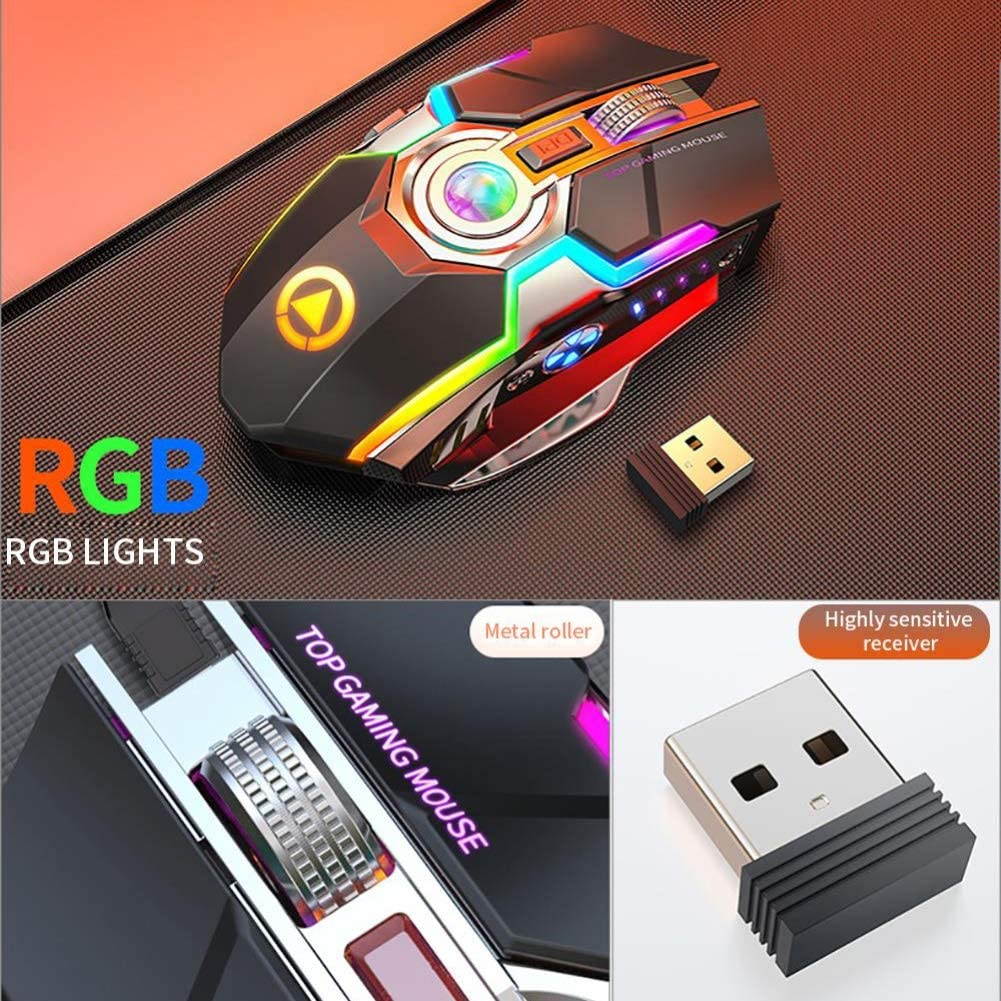 CUUWE Wireless Gaming Mouse2.4G, A5 Ergonomic RGB Backlit 7 Buttons 1600DPI Rechargeable Silent Cordless Mouse for PC Laptop