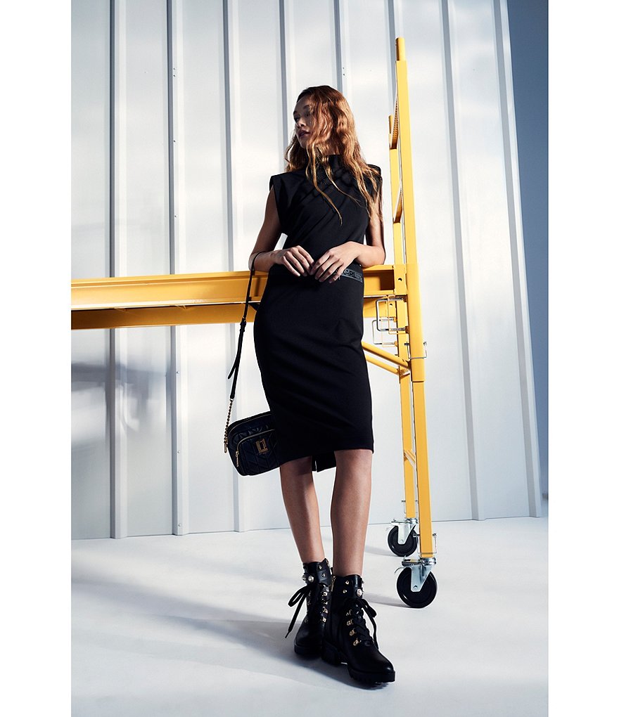 KARL LAGERFELD PARIS Perry Leather Pearl Ornaments Lug Sole Combat Booties