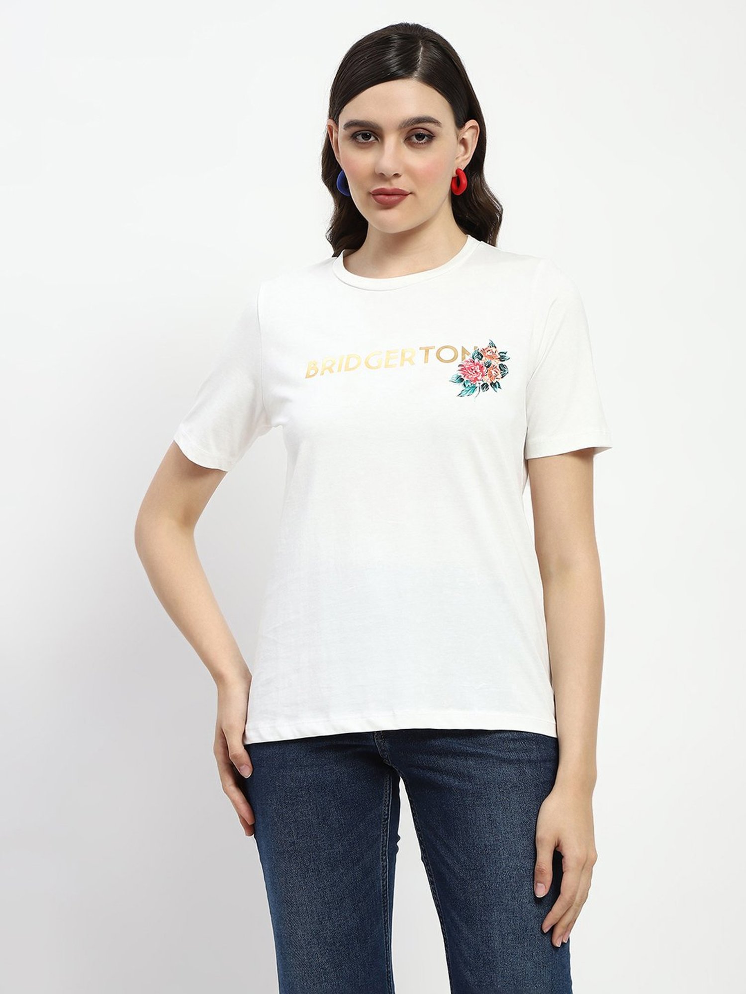 MADAME White Cotton Graphic Print T-Shirt