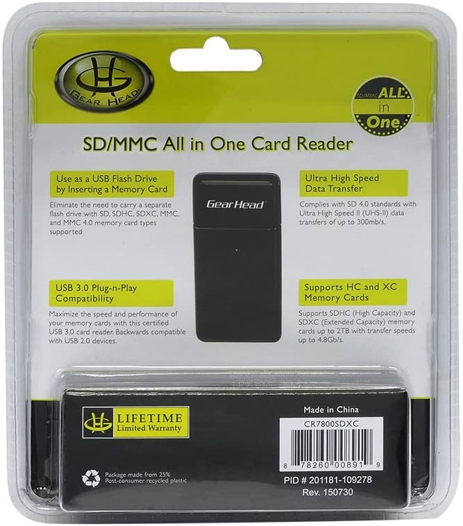 Gear Head USB 3.0 SD/MMC All-in-One Card Reader(CR7800SDXC),Black