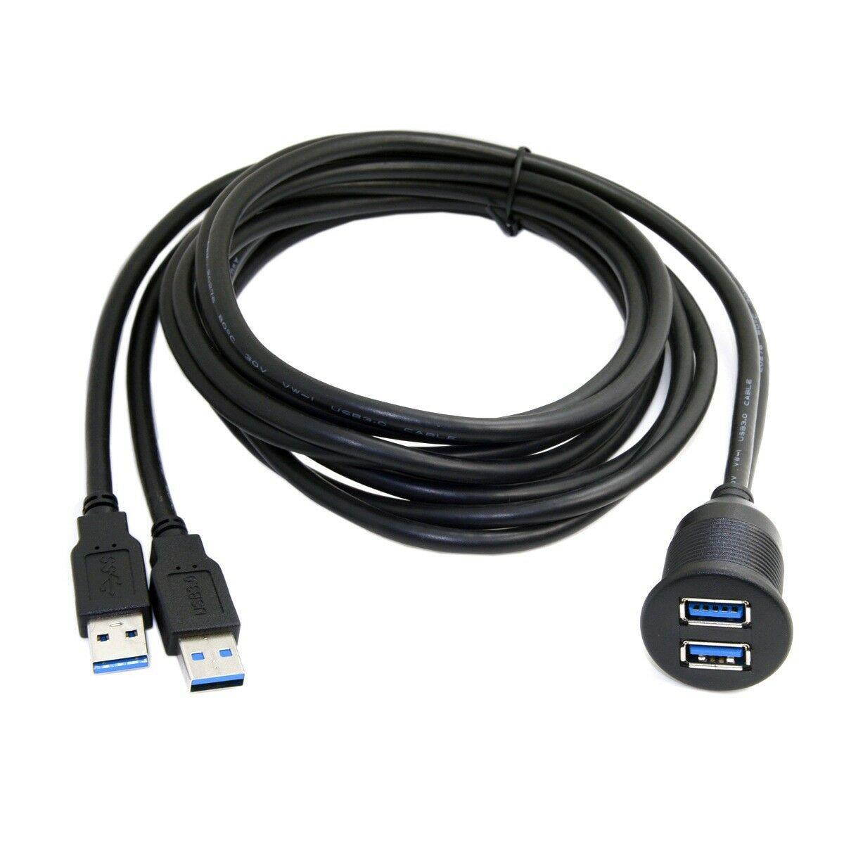 Dual USB 3.0 Male to Female Extension Data and Power Charge Cable with Waterproof Shell Mount Black 2m