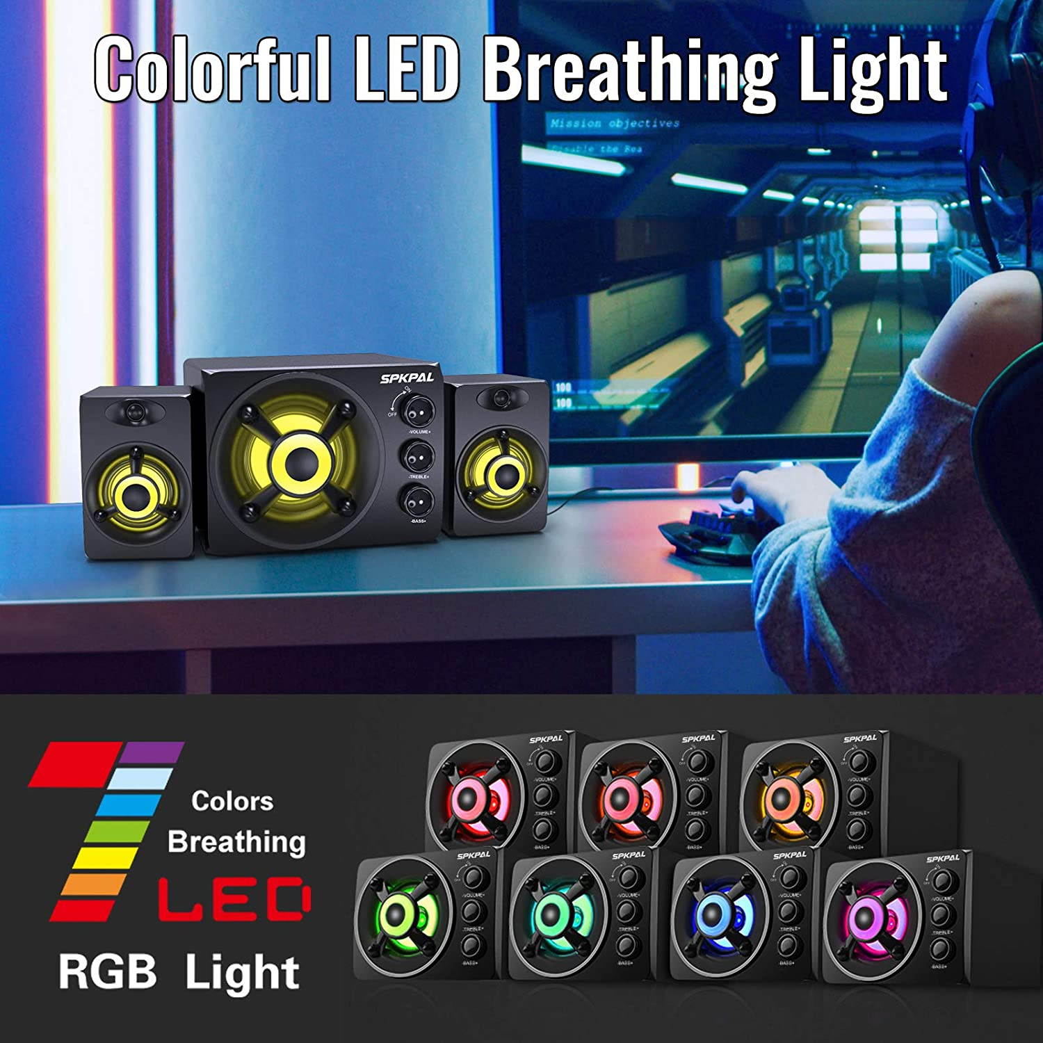 Computer Speaker with Subwoofer USB-Powered 2.1 Multimedia Speakers System,3.5mm Aux Input with LED Atmosphere Light Stereo Wired Desktop Speaker for Gaming PC,Laptops,Tablets