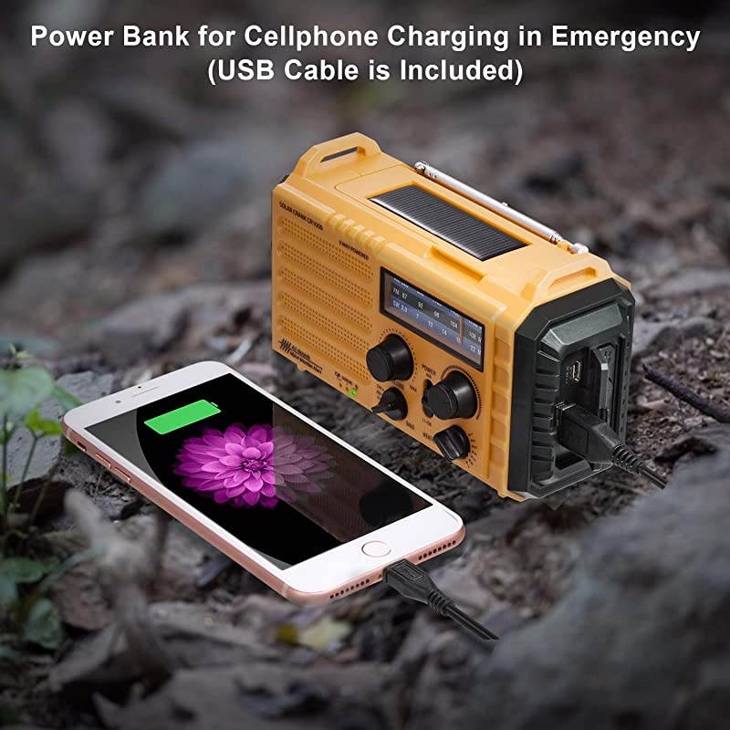 Powered Solar Hand Crank NOAA Weather Alert RadioAMFM Shortwave Survival Portable Outdoor Emergency Radio2000mAh Rechargeable Battery Cellphone USB ChargerLED Camping FlashlightSOSampCompass