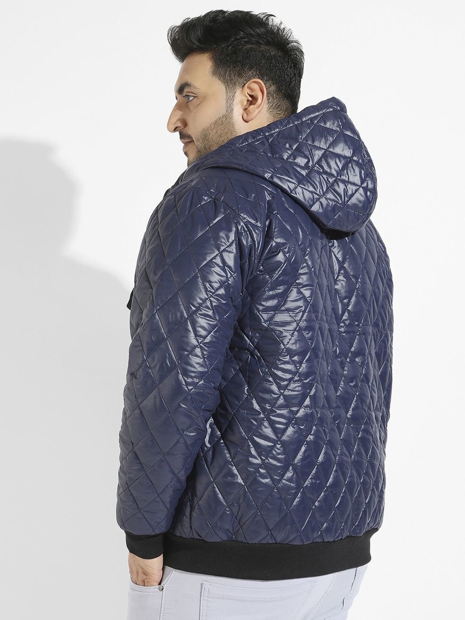 Instafab Plus Blue Regular fit Quilted Plus Size Hooded Jacket
