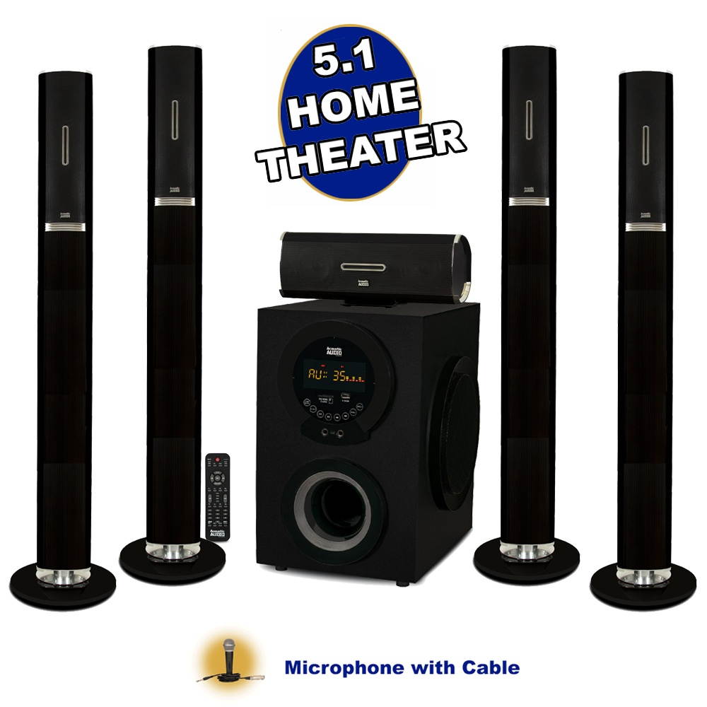Acoustic Audio AAT3002 Tower 5.1 Bluetooth Speaker System with 8" Powered Subwoofer and Microphone