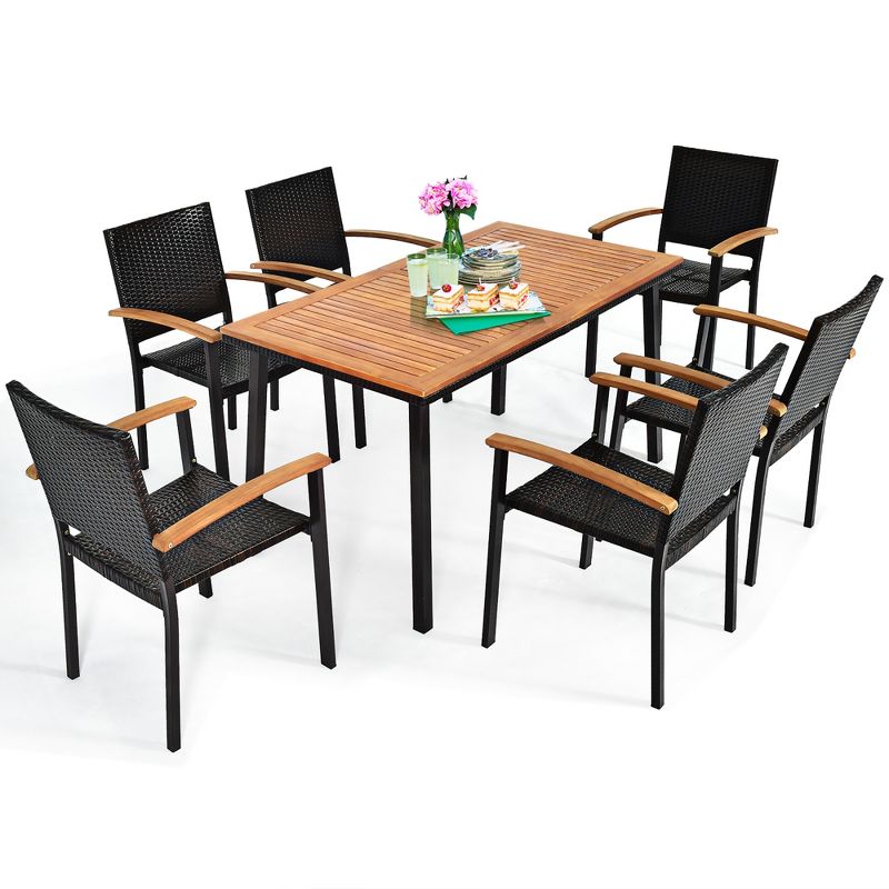 Costway 7 PCS Patio Rattan Dining Set Acacia Wood Table Top Stackable Chair