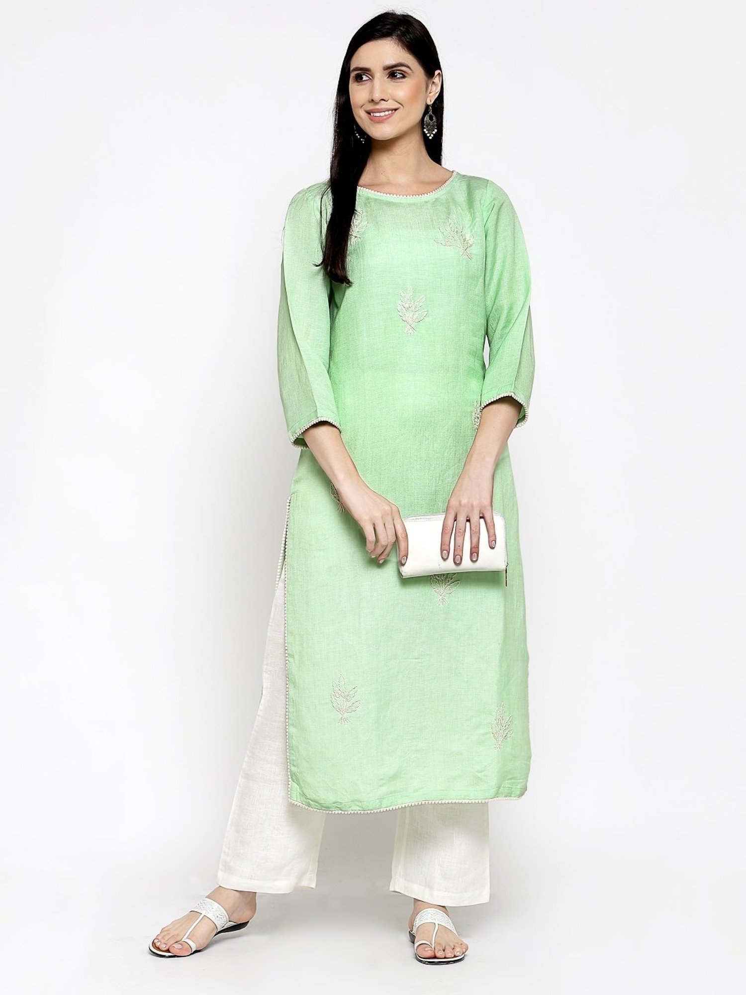 DART STUDIO Green Linen Embroidered Straight Kurta