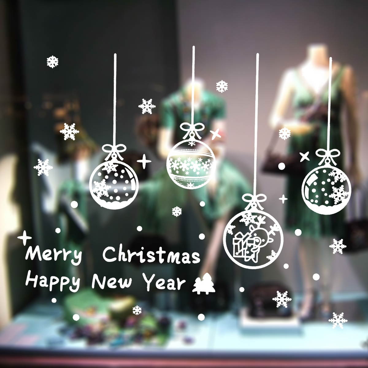 Removable Merry Christmas Vinyl Window Stickers Christmas Baubles Snowflakes DIY Showcase Window Clings Glass Door Stickers Mural Decals for Christmas New Year Home Decor 60 x 45 cm