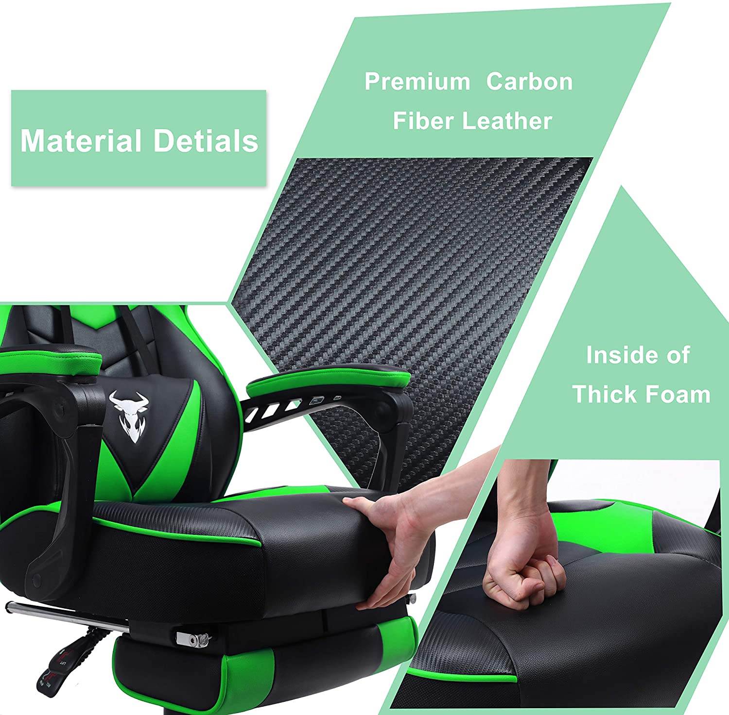 Zeanus Gaming Chair for Adults Green, Gaming Chair with Footrest, Massage Computer Gaming Chair, Reclining Gaming Desk Chair, Big and Tall Video Gaming Chair, Racing Style Chair, E-Sports Gamer Chair