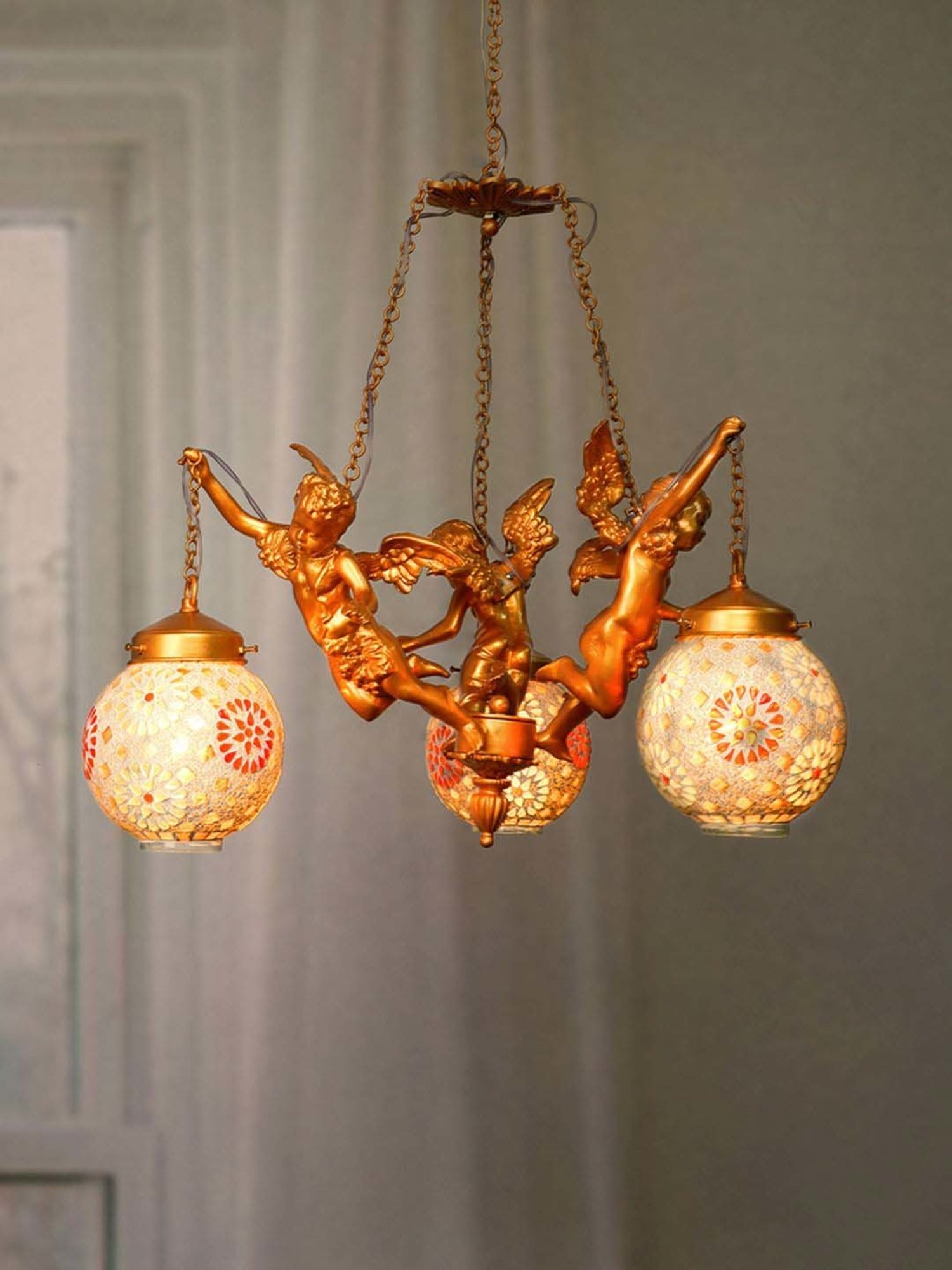 FOS LIGHTING White & Golden Aluminium 3-In-1 Cherub Chandelier With Glass Shade