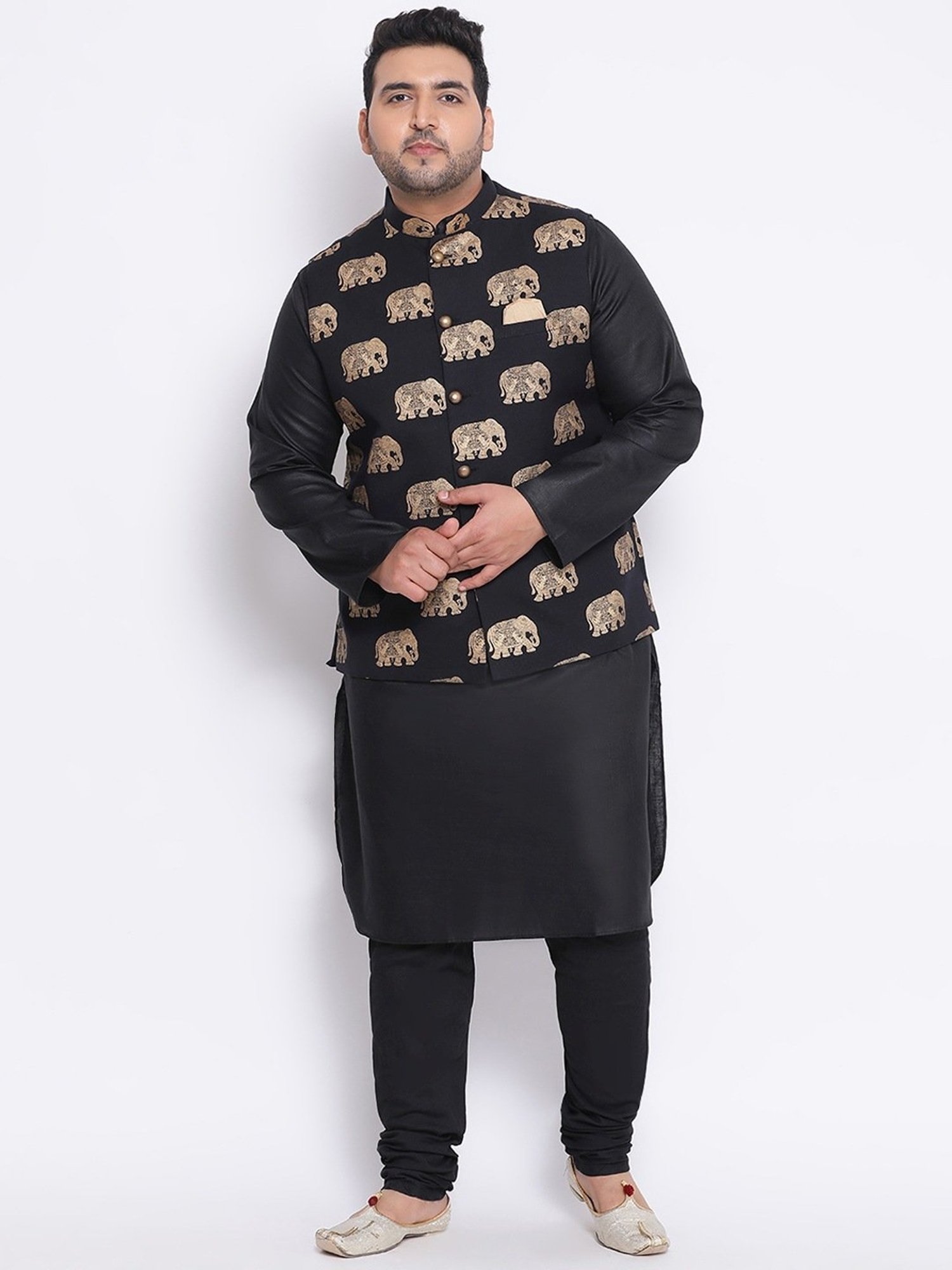 KISAH PLUS Black Regular Fit Printed Kurta Set With Jacket