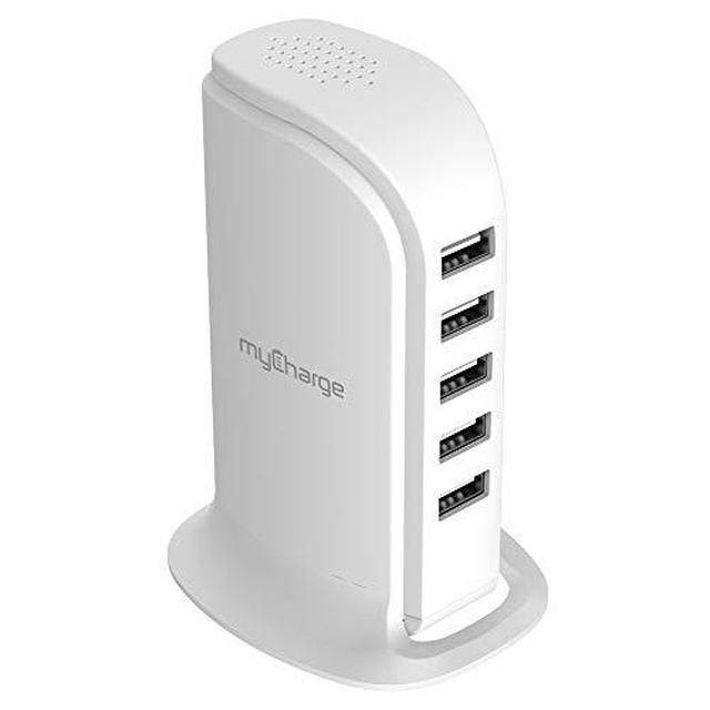myCharge 5 Port USB Charging Station for Multiple Devices - 25W Desktop Tower Stand Family Hub Wall Charger for Apple iPhone, iPad, Watch & with Samsung Galaxy, Android Tablet, Cell Phone, Accessories