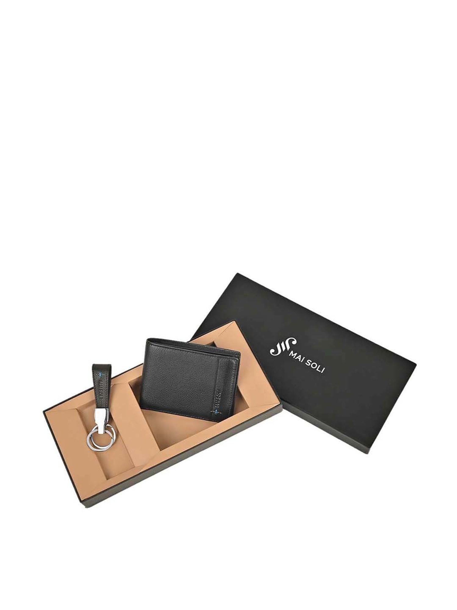 Mai Soli Black & Blue Leather Bi-Fold Wallet & Key Ring Gift Set