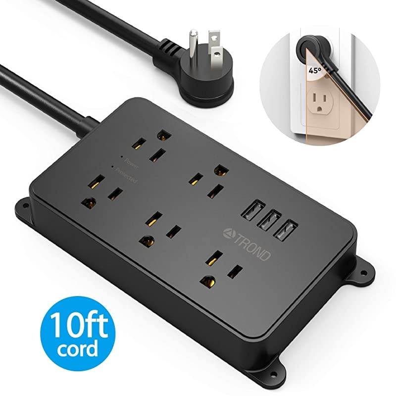 Surge Protector Power Strip with USB ETL Listed  5 WidelySpaced Outlets 3 USB Ports 1300 Joules LowProfile Flat Plug 10ft Extension Cord Wall Mountable Black