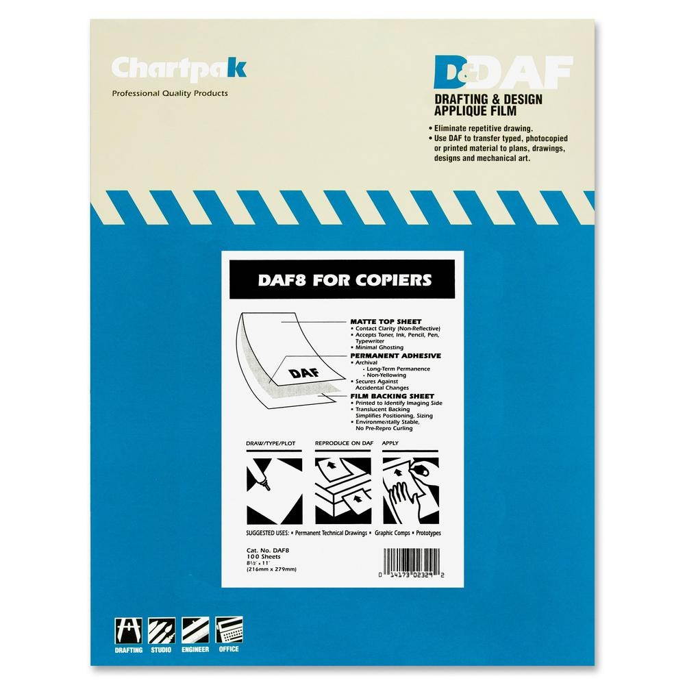 Chartpak Self-Adhesive Drafting Applique Film, 8-1/2 x 11, Clear, 100/Box