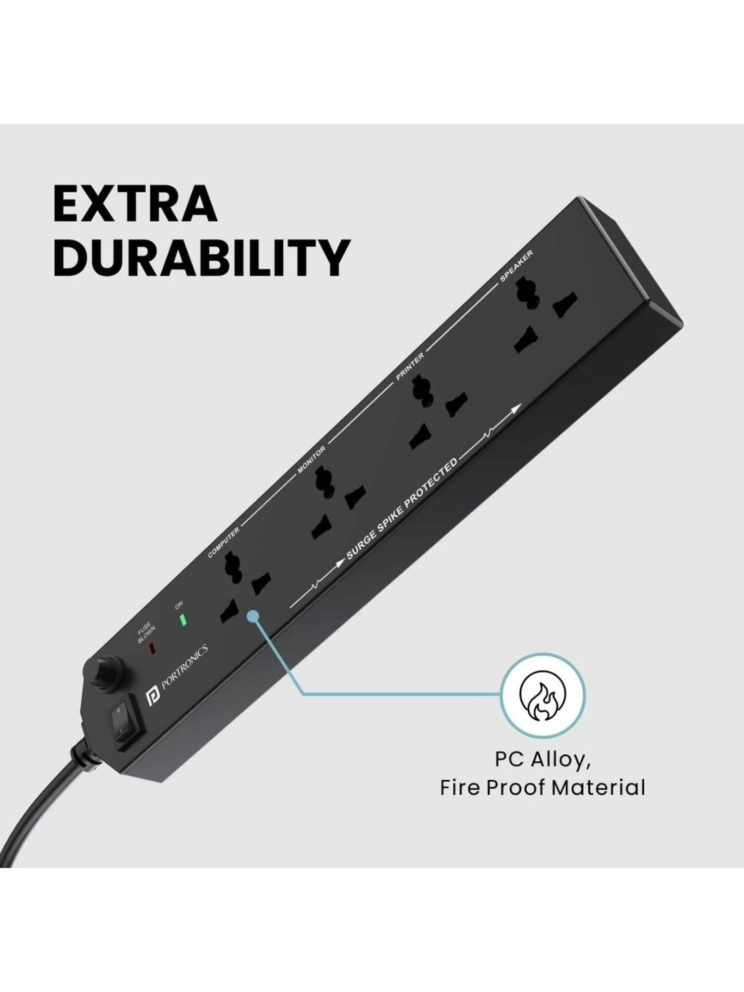 Portronics Power Plate 10 1500W Power Converter with 4 Power Sockets, 3M Cord Length (Black)