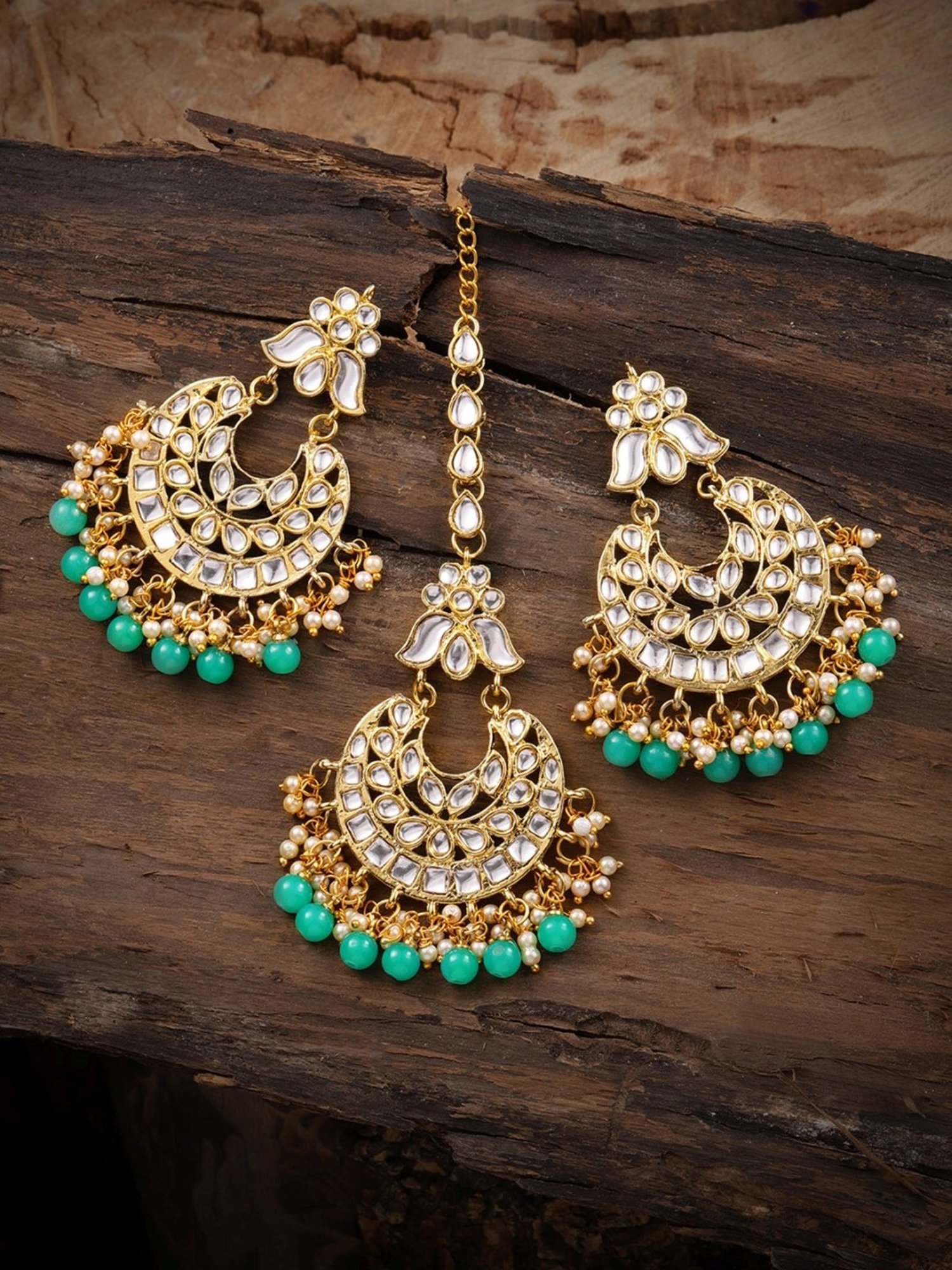Zaveri Pearls Green & Clear Alloy Earring & Maang Tikka Set