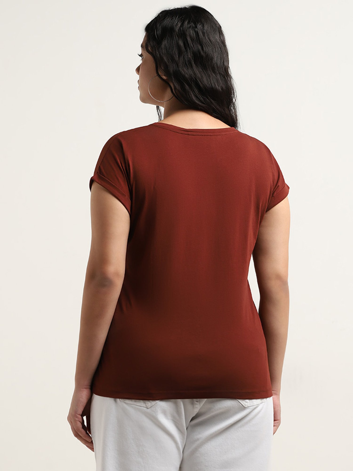 Gia by Westside Brown Text Printed Cotton T-Shirt