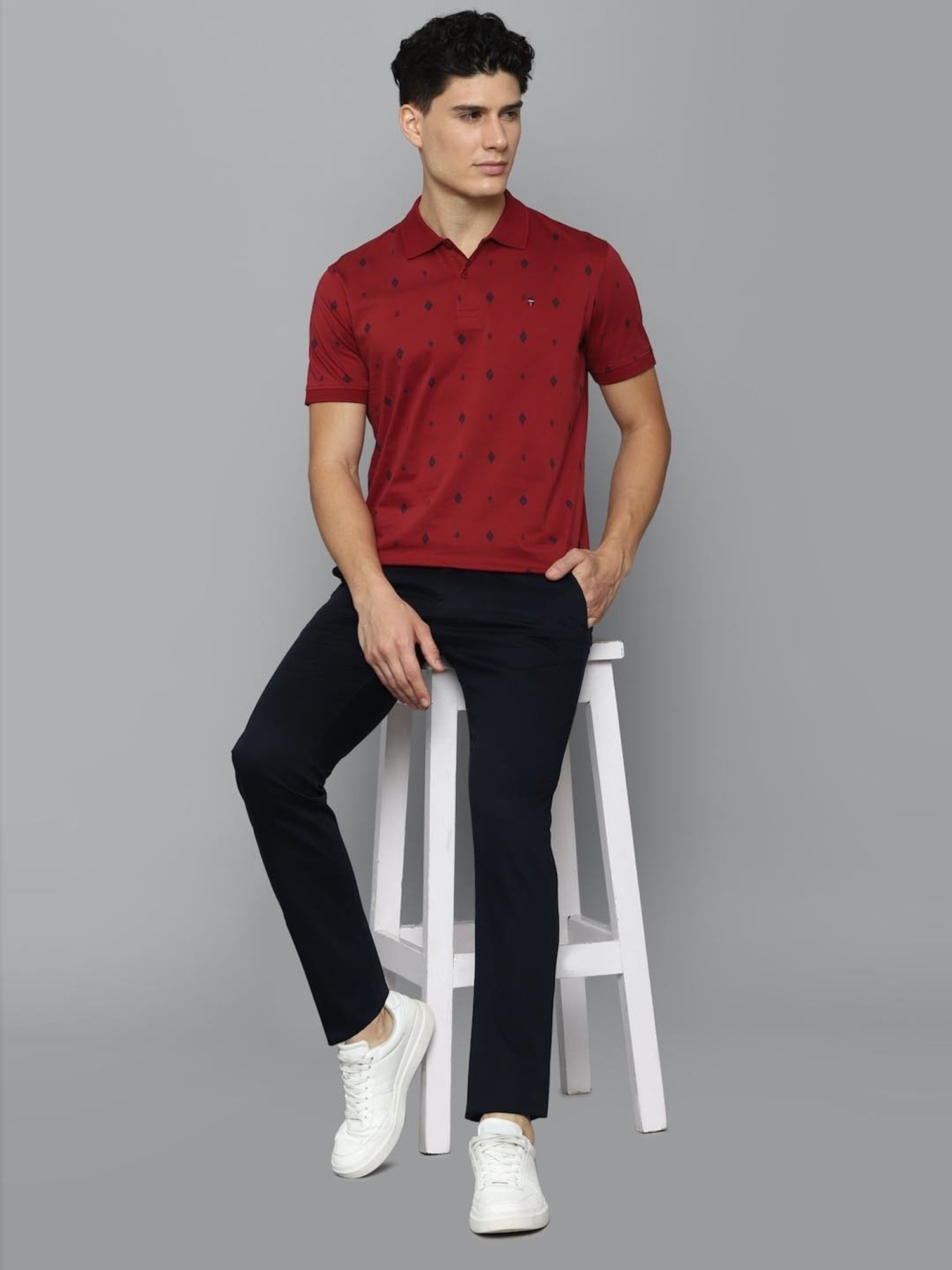Louis Philippe Sport Maroon Cotton Slim Fit Printed Polo T-Shirt