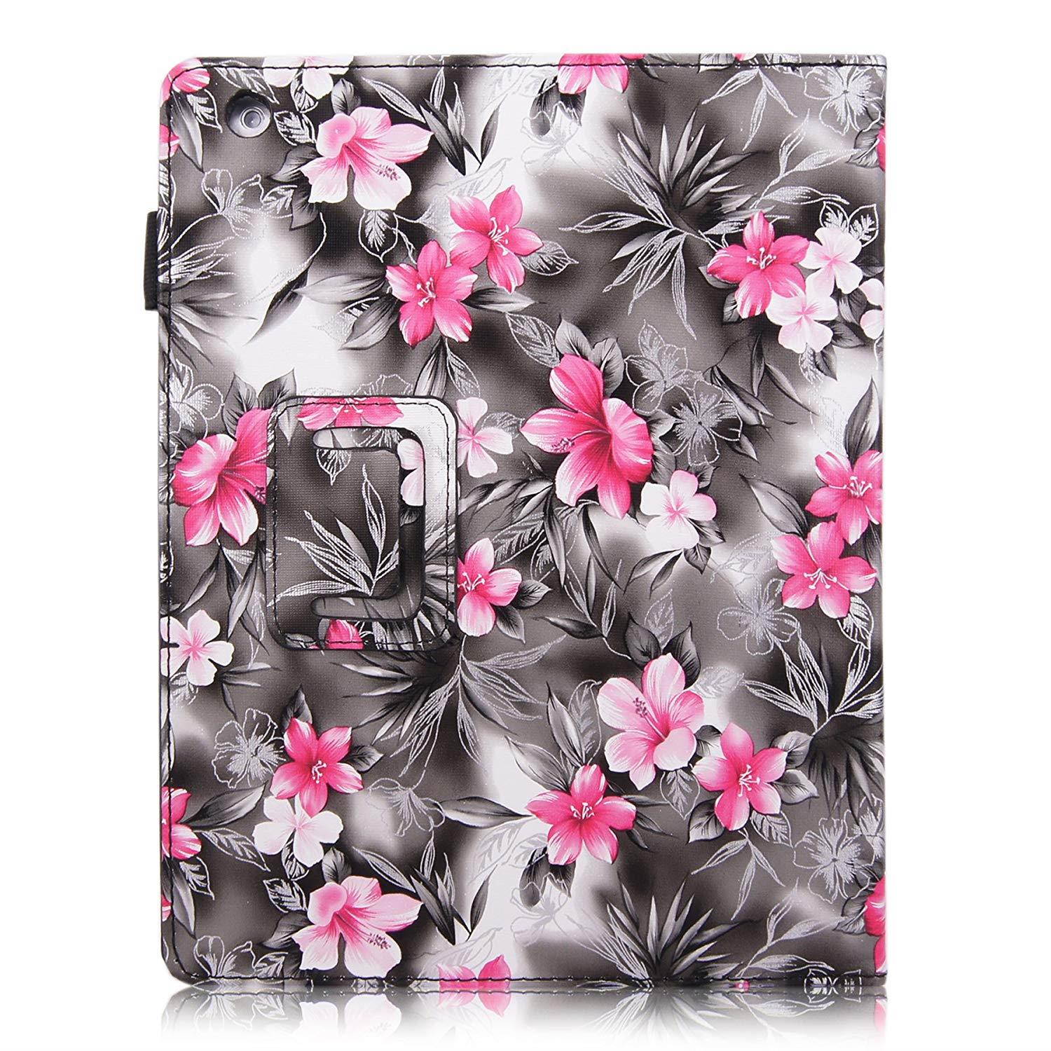 Cellularvilla Case for Apple iPad 2/3/4 iPad 1 iPad 2 iPad 3 iPad 4 Genration Black Pink Flower Pu Leather Flip Folio Elastic Hand Strap Card Holder Stand Case Cover Protector