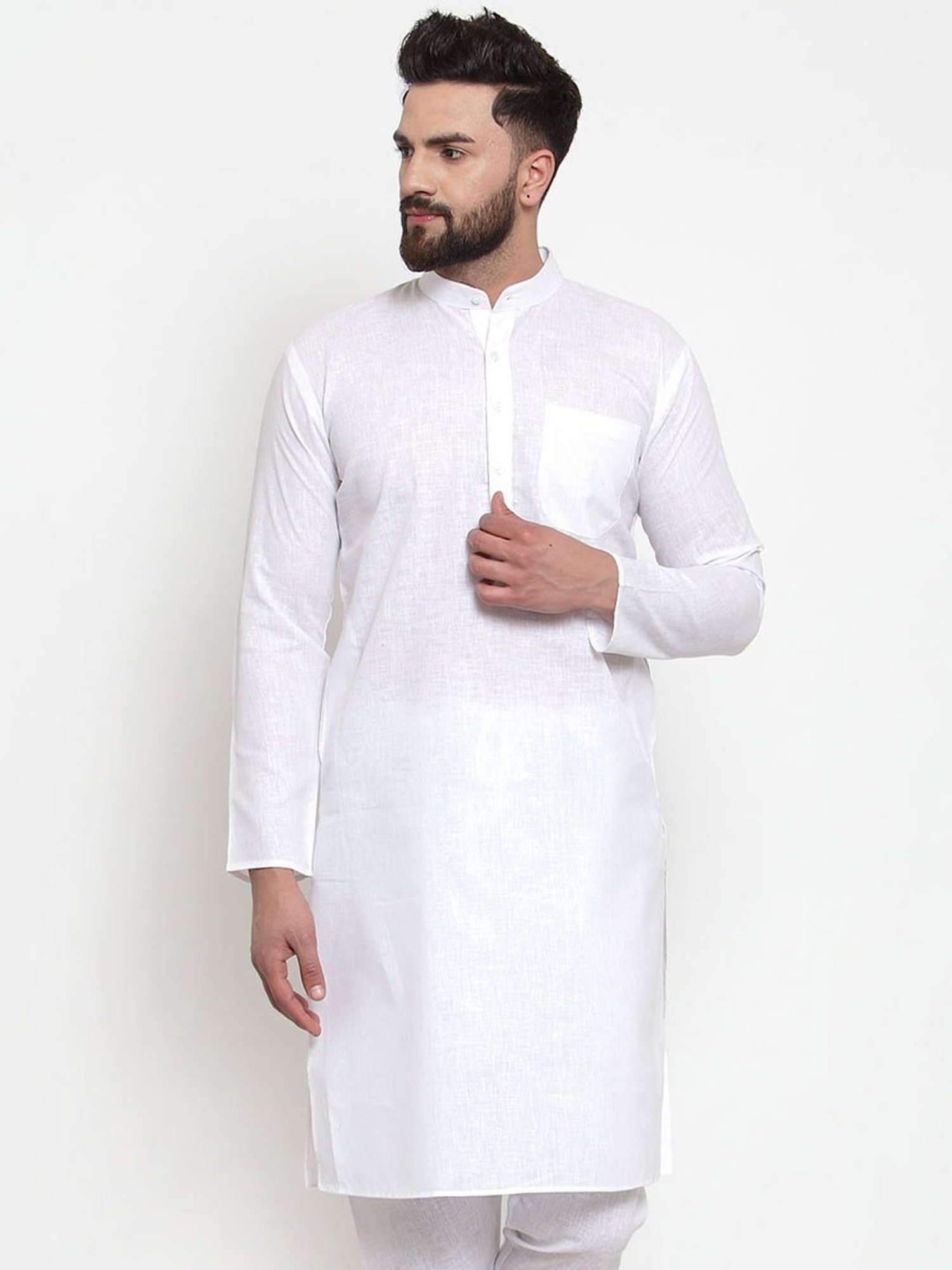 Jompers White Cotton Regular Fit Self Pattern Kurta