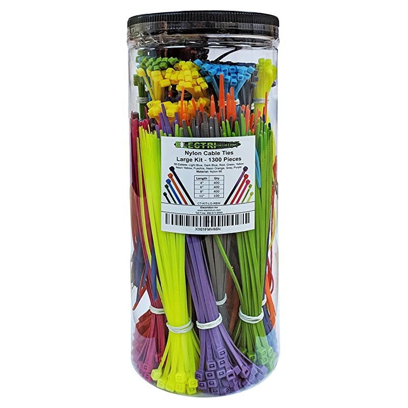Nylon Cable Tie Kit 1300 Zip Ties Multi Color Blue Red Green Yellow Fuchsia Orange Gray Purple Assorted Lengths 4 6 8 11