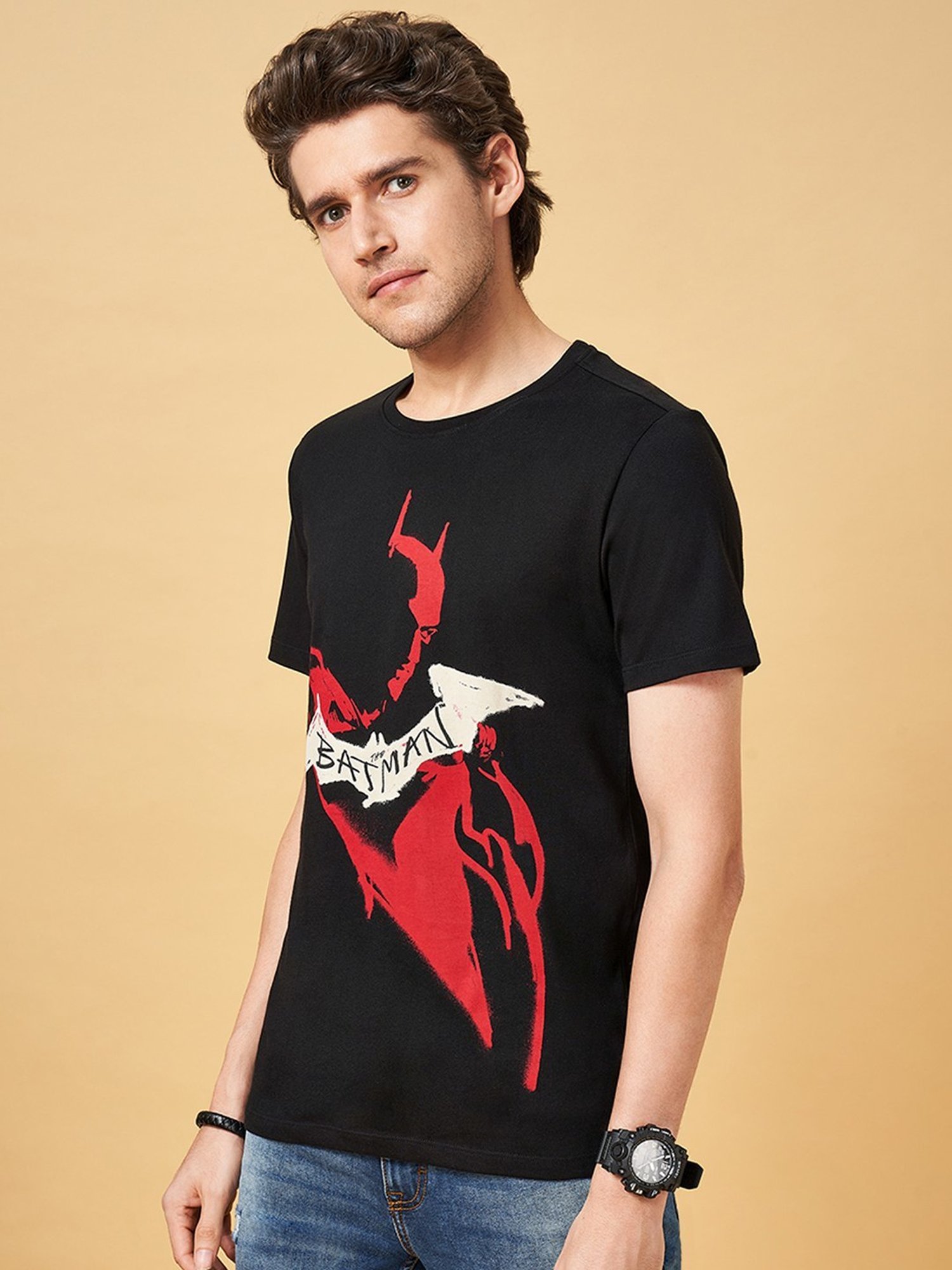 SF Jeans by Pantaloons Jet Black Cotton Regular Fit Printed T-Shirt