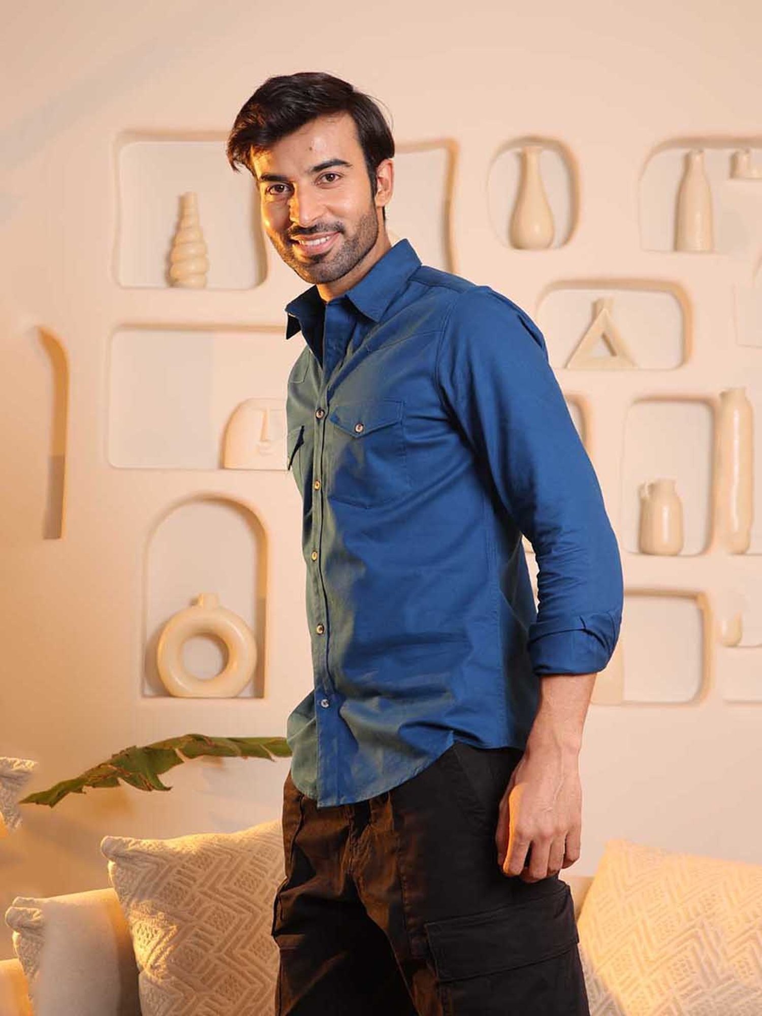 SUBTRACT Prussian Blue Regular Fit Cotton Shirt