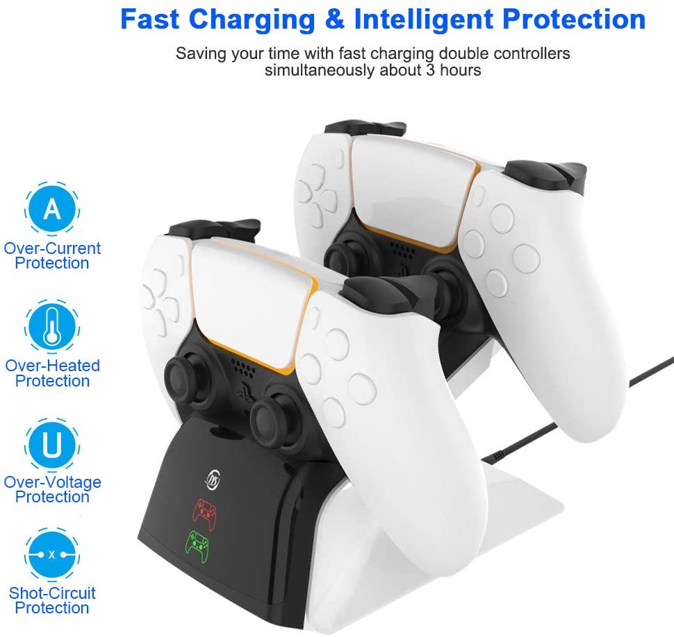 PS5 Controller Charger Station, PS5 Dualsense Controller Charging Station, 5V/2.8A 1.5-2.5 Hours Fast Charging Dual Dock for Playstation 5 Gampad, with LED Indicators & AC Adapter