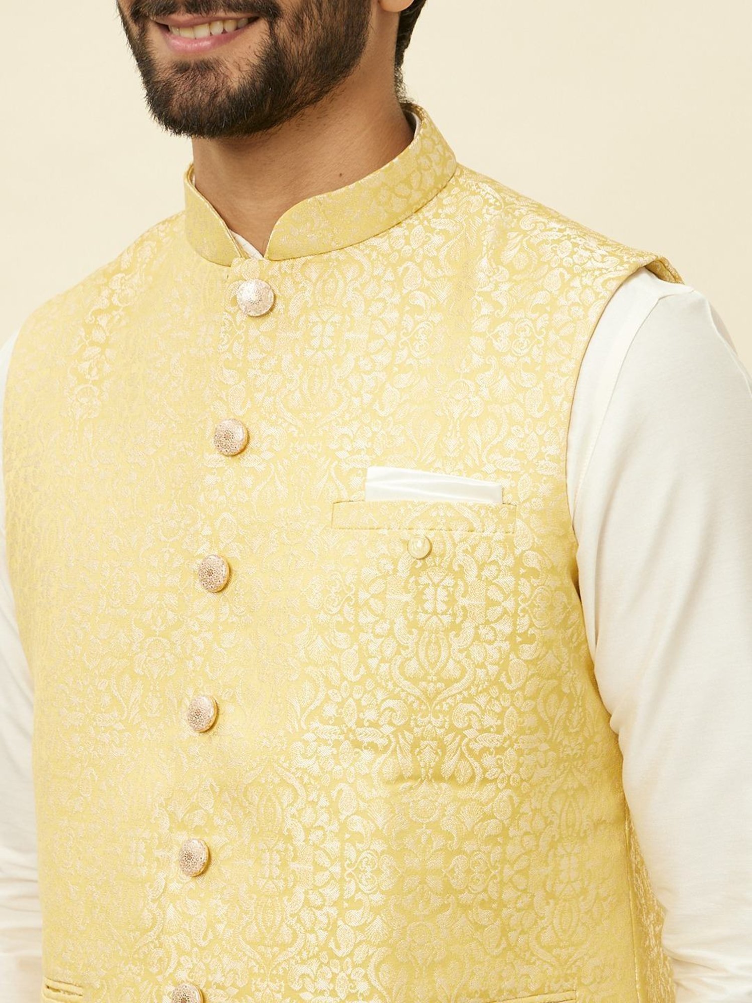 Manyavar Yellow Regular Fit Self Pattern Nehru Jacket