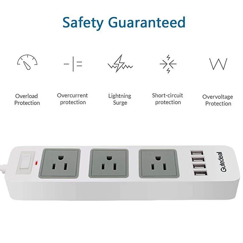 Strip White USB Strip with 2 Prong 66ft Extension Cord 3 AC Outlet Flat Plug Surge Protector for Workbench Nightstand Home Office and Hotel