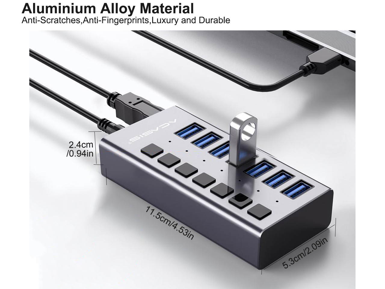 Powered USB Hub, Aluminum 7 Port USB 3.0 Hub  36W USB Splitter with Individual Power On/Off Switches and 12V 3A Power Adapter Support Charing for Laptop, PC, Computer, Mobile HDD, Flash Drive and More
