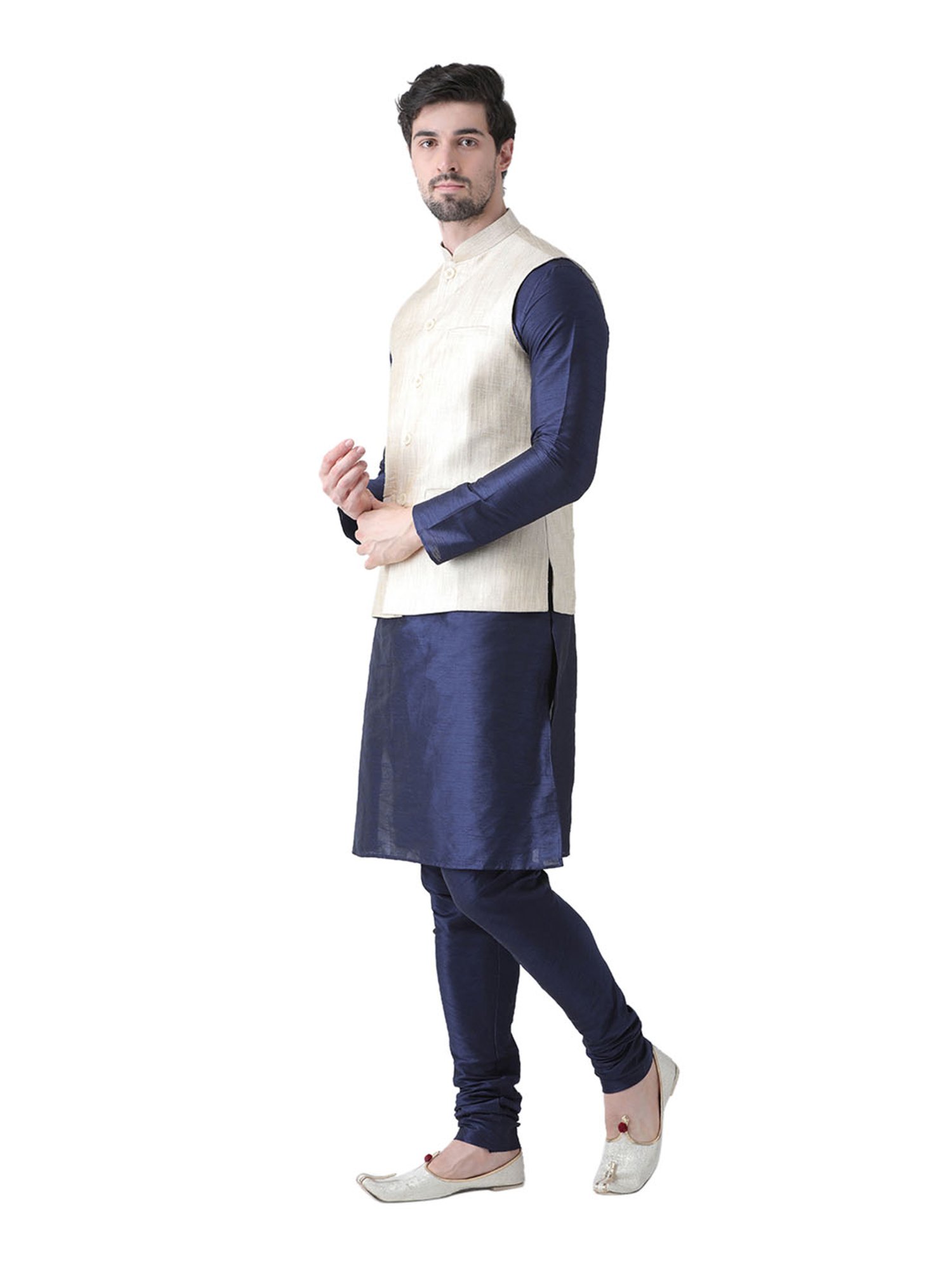 Deyann Off White & Navy Silk Suit