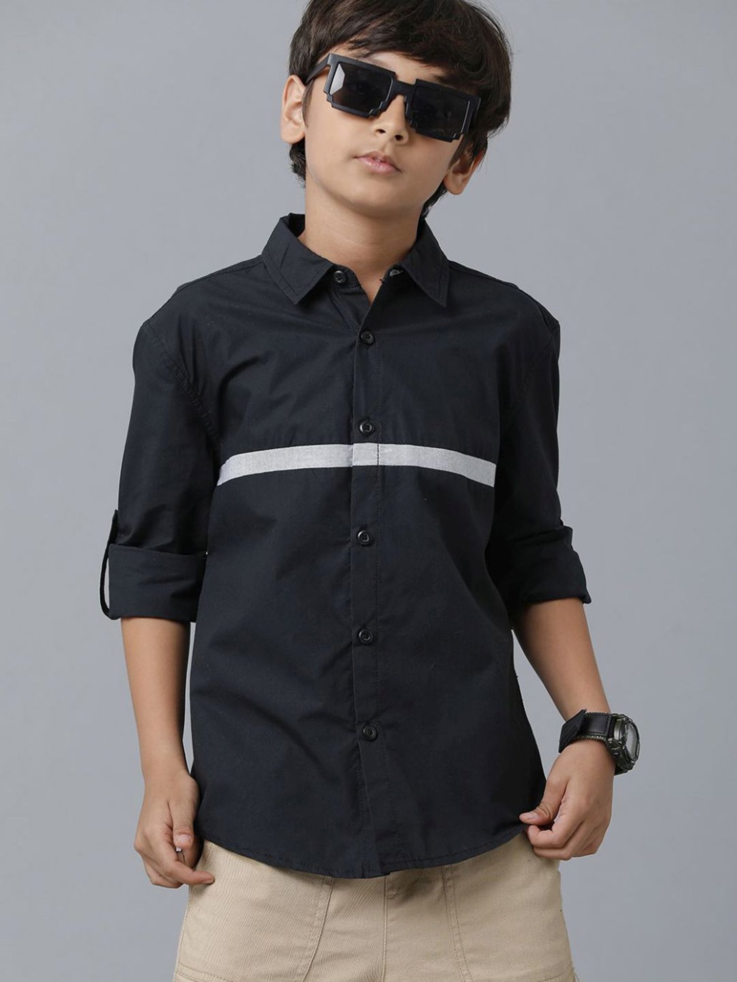 Under Fourteen Only Kids Black Color Block Full Sleeves Shirt