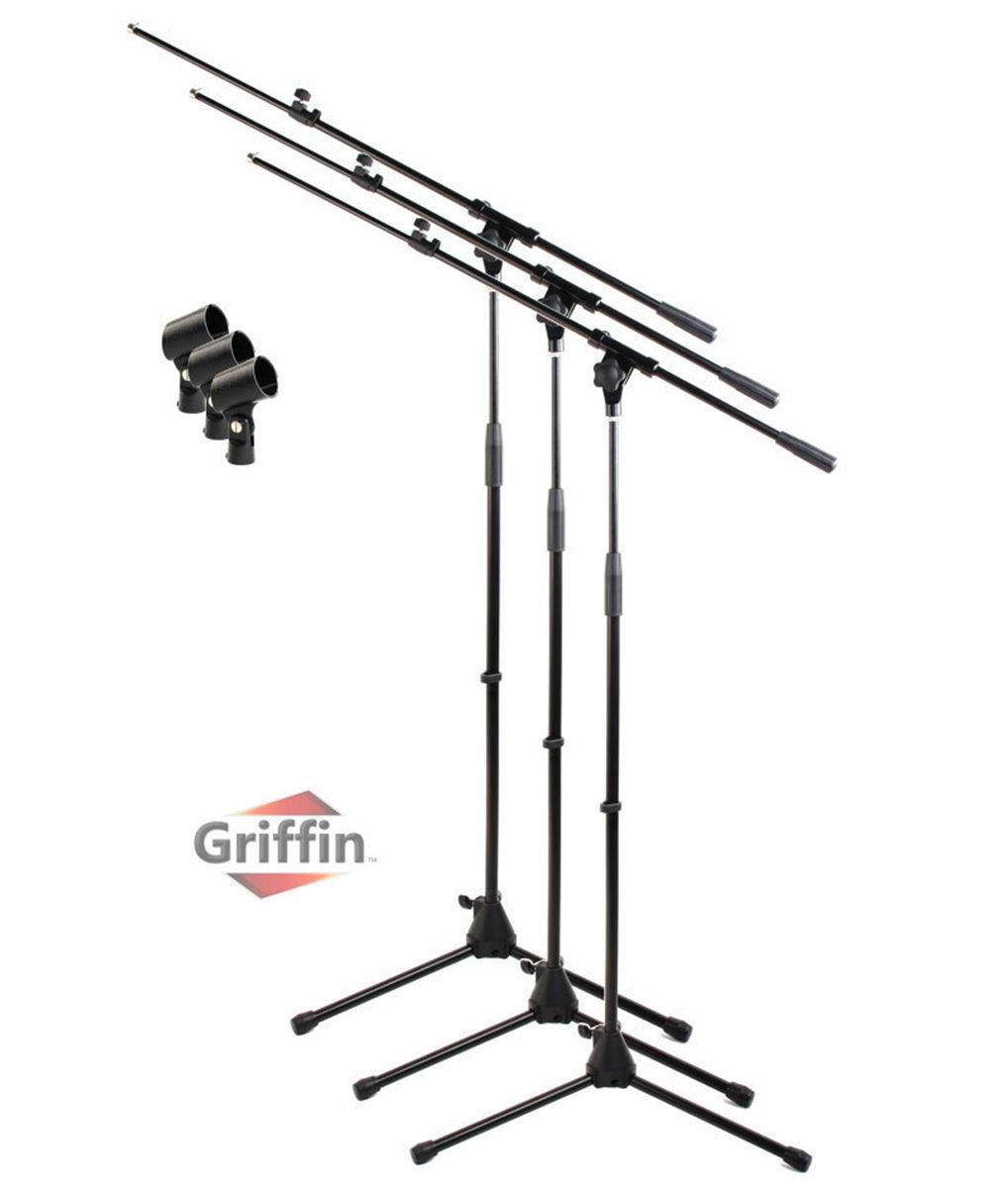 Microphone Stand with Telescopic Boom Arm (Pack of 3) by GRIFFIN | Adjustable Holder Mount For Studio Recording Accessories, Singing Vocal Karaoke, Live Stage DJ | Mic Clip Adapter Tripod Folding Legs