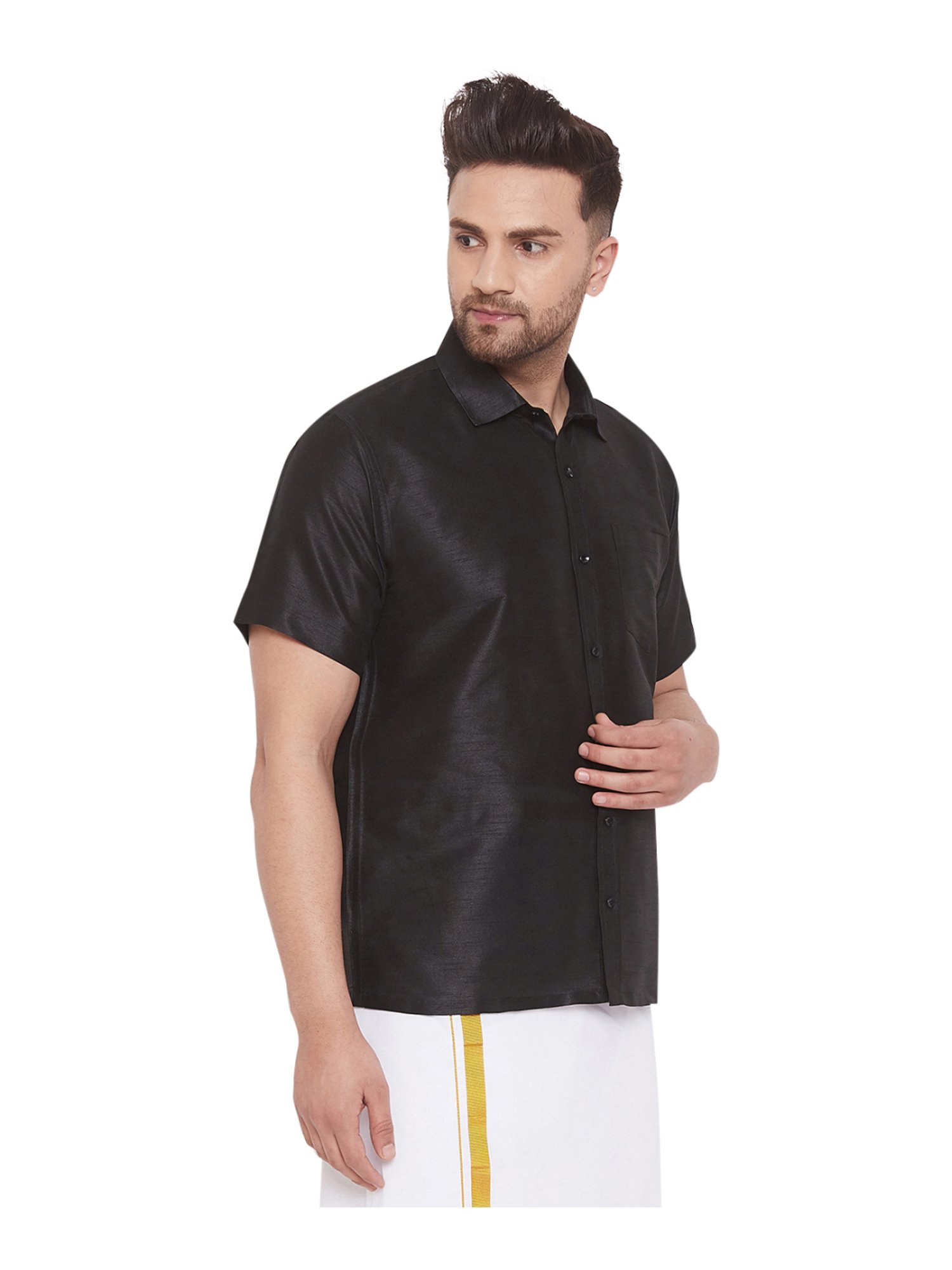 VASTRAMAY Black Straight Fit Self Pattern Ethnic Shirt