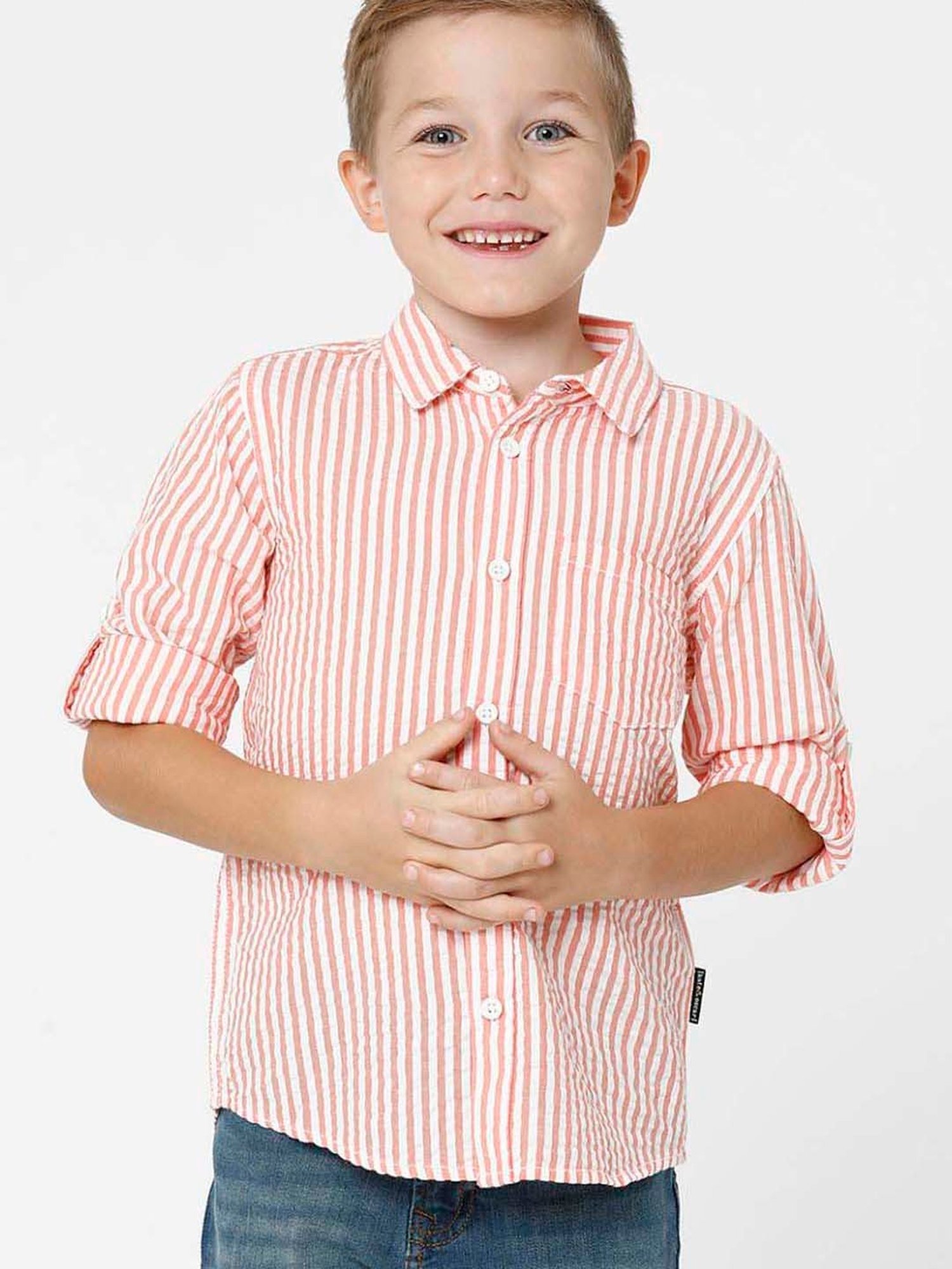 Kate & Oscar Kids Peach Cotton Striped Full Sleeves Shirt