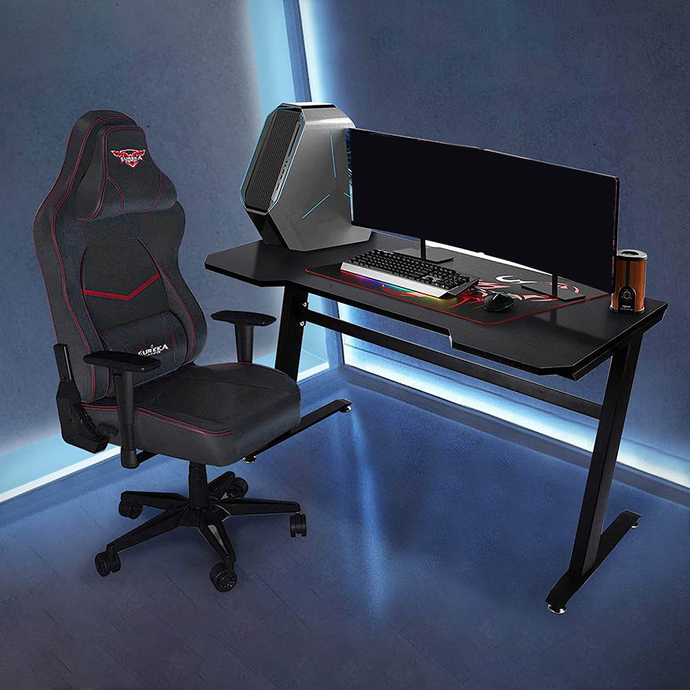 HOMEMAXS 47" Gaming Desk  D Office Computer Table Gamer Workstation with 2 Cable Management Holes Black