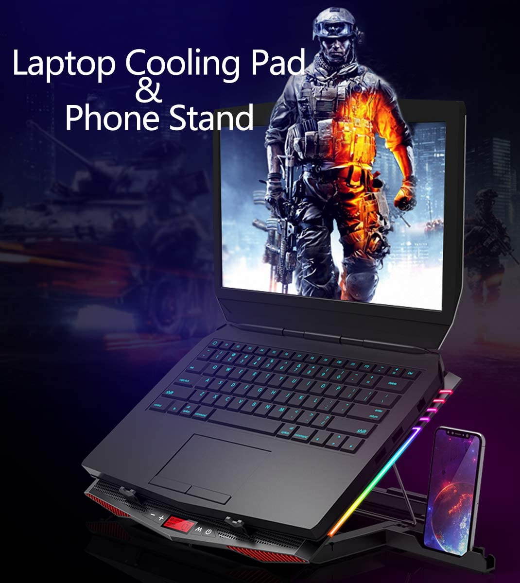 RGB Laptop Cooling Pad for 15.6-21 Inch Professional Gaming Laptop Cooler with 6 Quiet Fans and Button Control, Pure Metal Panel Portable Cooler