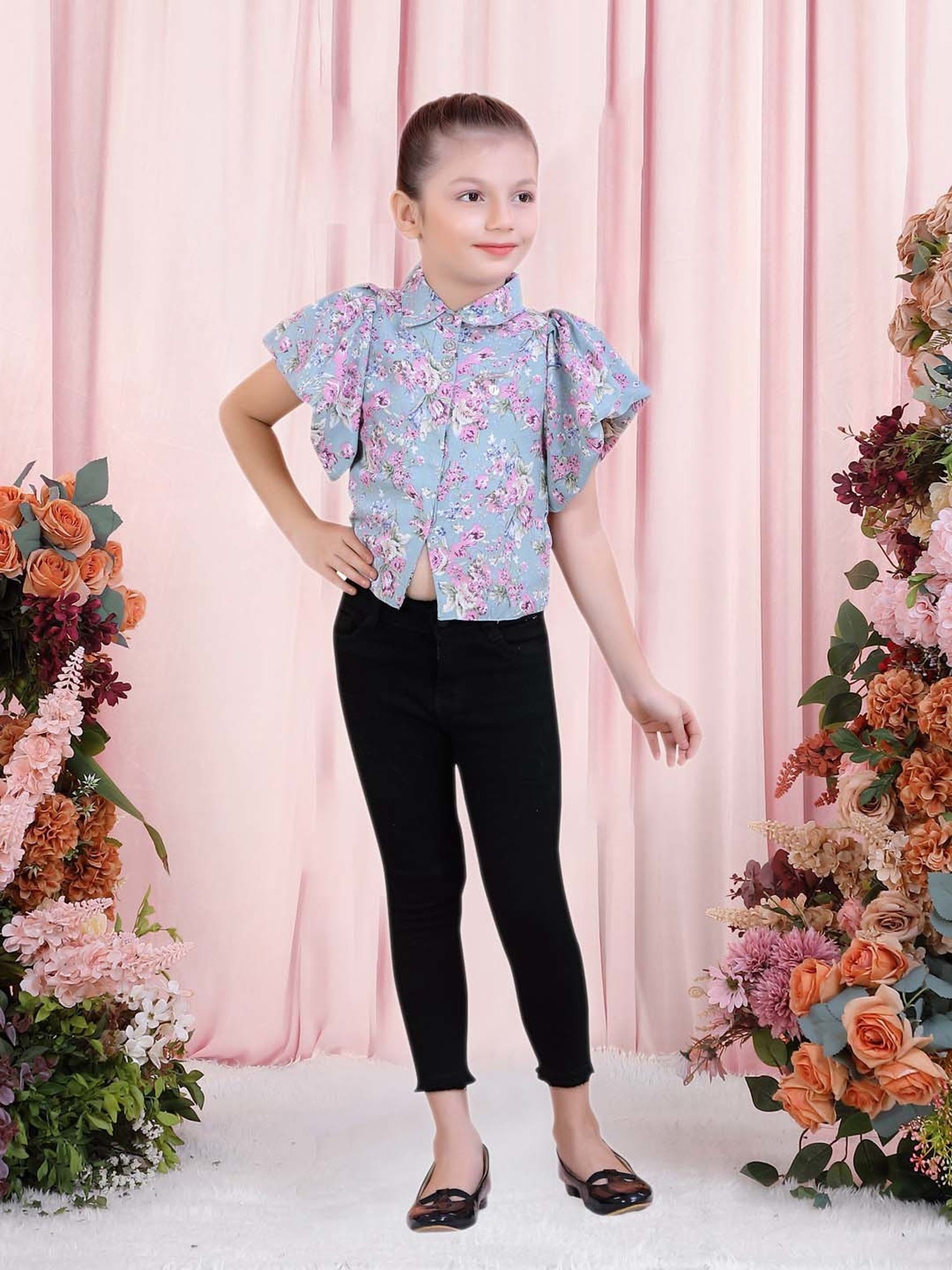 poplins Kids Blue & Pink Cotton Floral Print Top