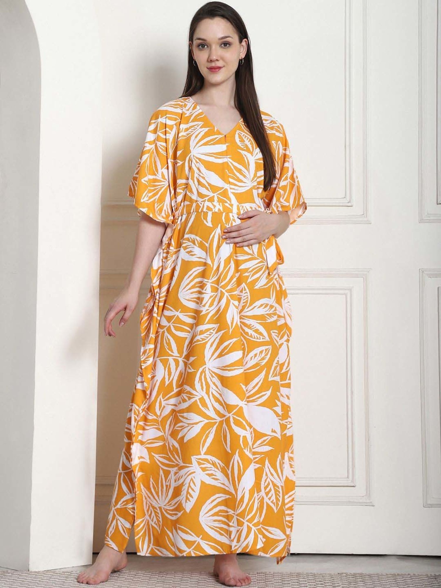 Secret Wish Yellow Rayon Floral Straight Kaftan