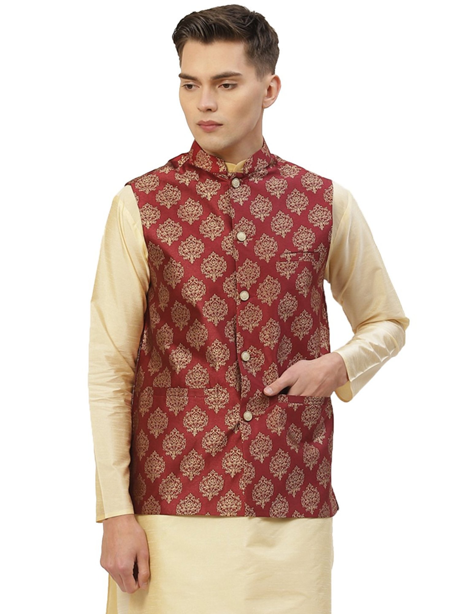 Jompers Maroon Cotton Regular Fit Printed Nehru Jackets
