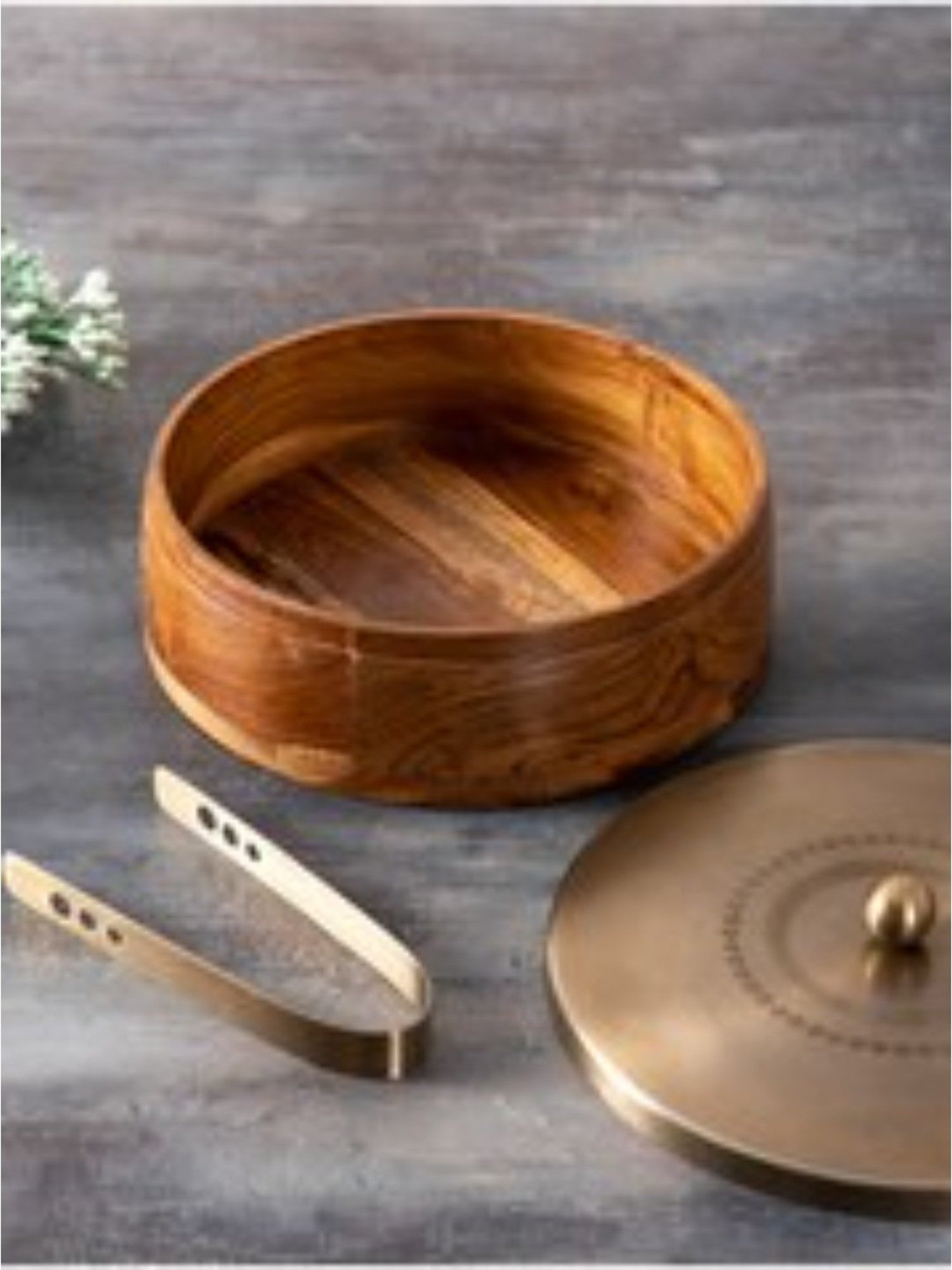 Nestroots Wooden Casserole Box Chapati Box Food Warmer Hotcases Hotpot Roti Box with Gold Lid & Tong