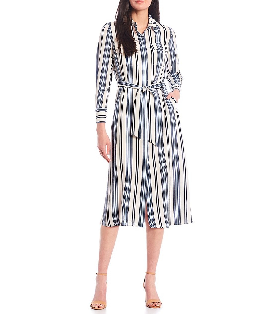 Maggy London Petite Size Long Sleeve Button Front Pocket Belted Striped Shirtdress