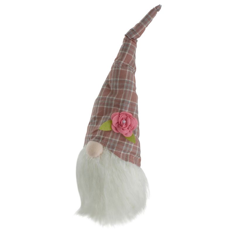 Northlight 20" Pink and White Plaid Spring Gnome Head Table Top Decor